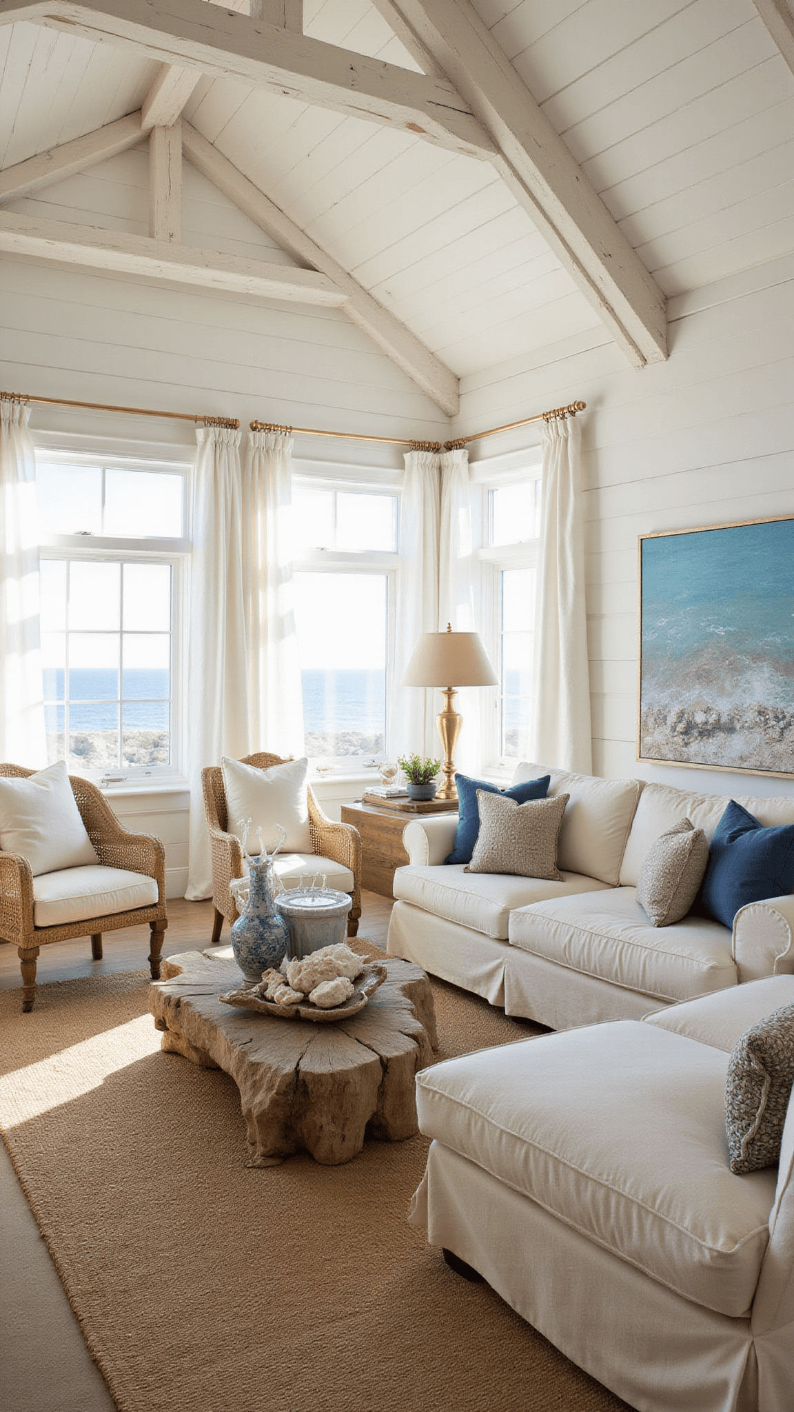 Sunlit coastal living room with ocean views, cream linen sofa, driftwood coffee table, wicker chairs, and soft white shiplap walls at golden hour.