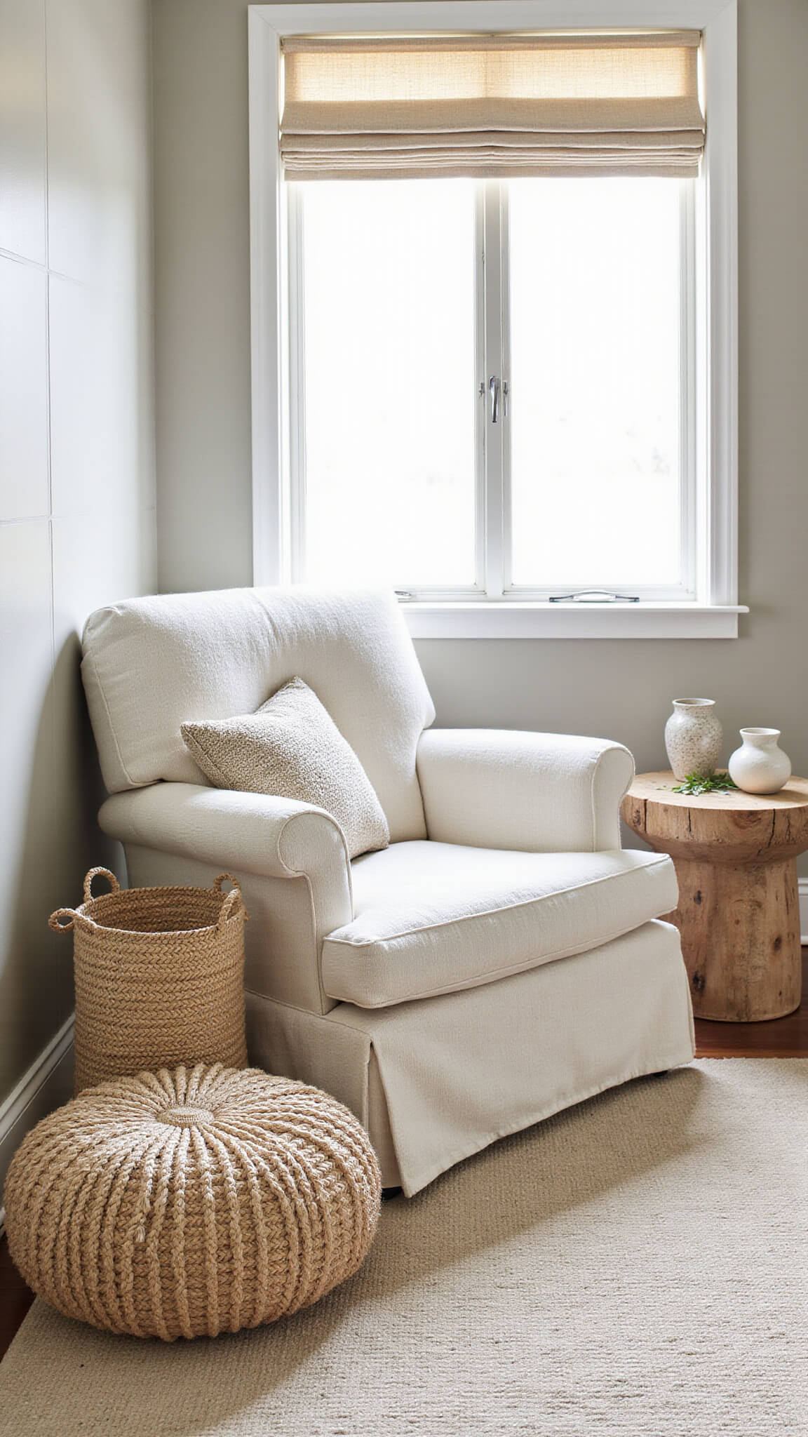 Cozy neutral-toned room with boucle armchair, knit pouf, and natural wood accents under soft afternoon light.