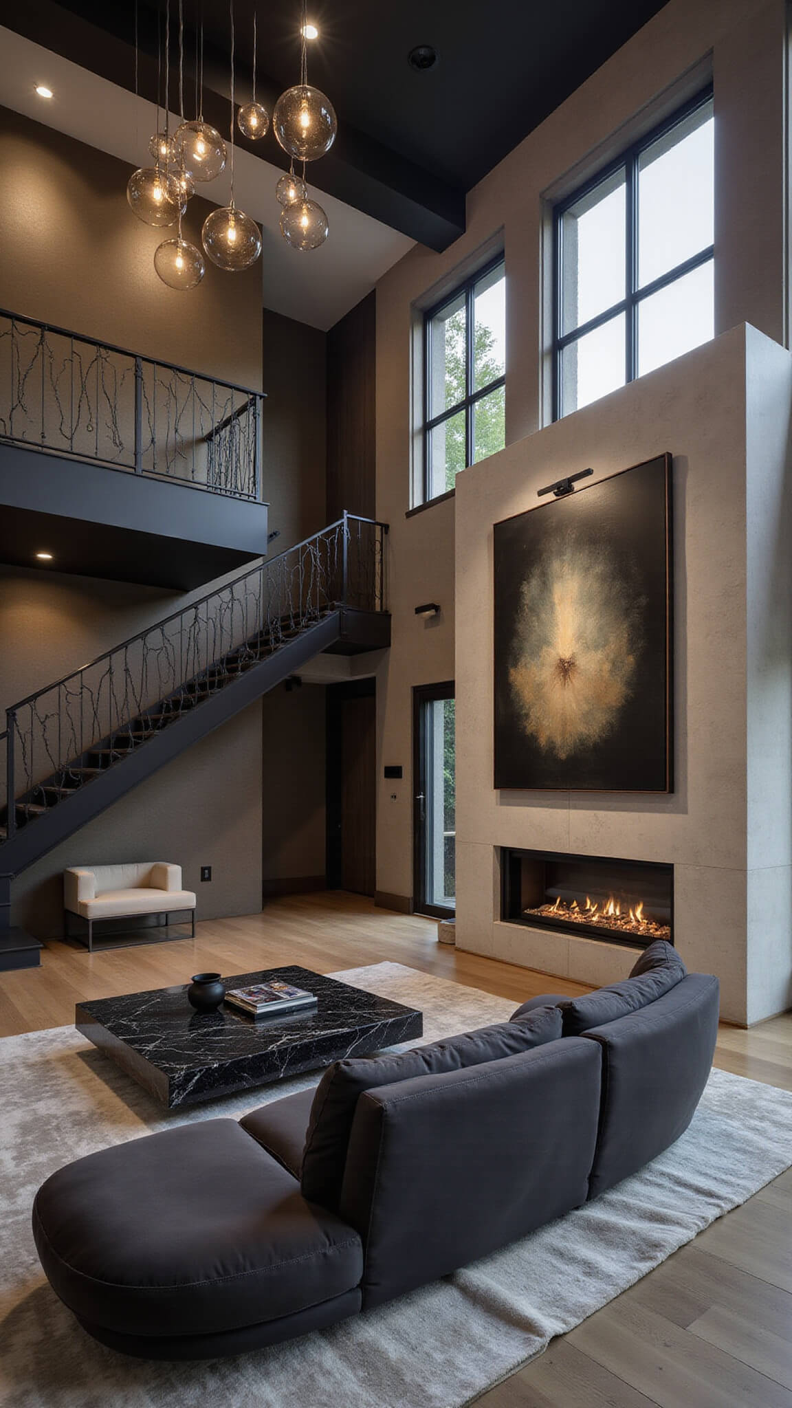 Dramatic double-height room with floating staircase, curved charcoal sofa, pendant lights, and minimalist limestone fireplace.