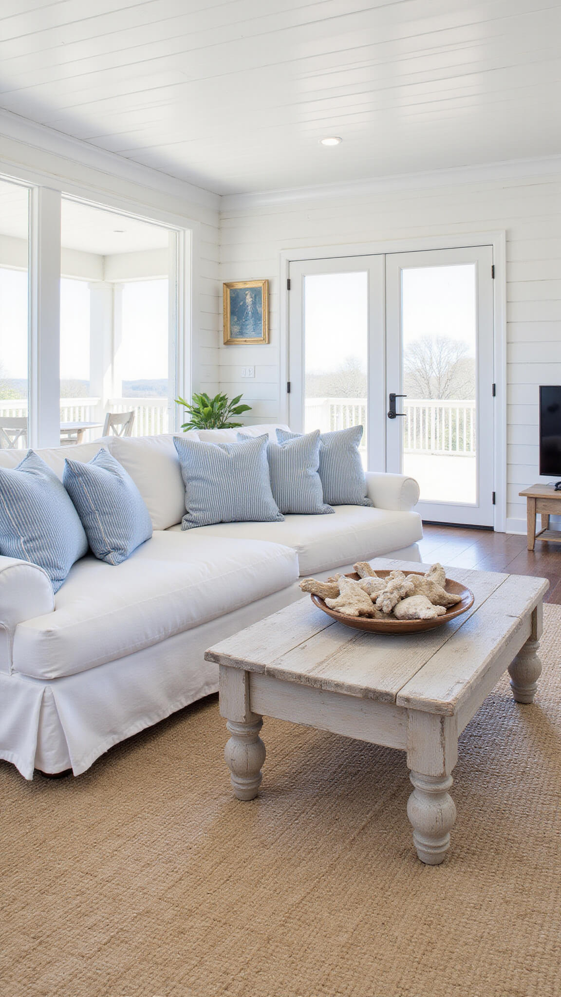 Coastal casual living room with white shiplap walls, linen sectional, blue striped pillows, driftwood accents, and seagrass rug in sunlit open space.