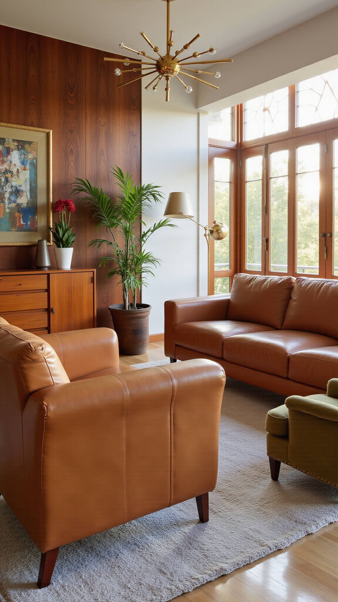 Mid-century style room with walnut accent wall, cognac leather sofa, brass sputnik chandelier, teak credenza, olive bouclé armchair, abstract art, and snake plant in warm afternoon light.