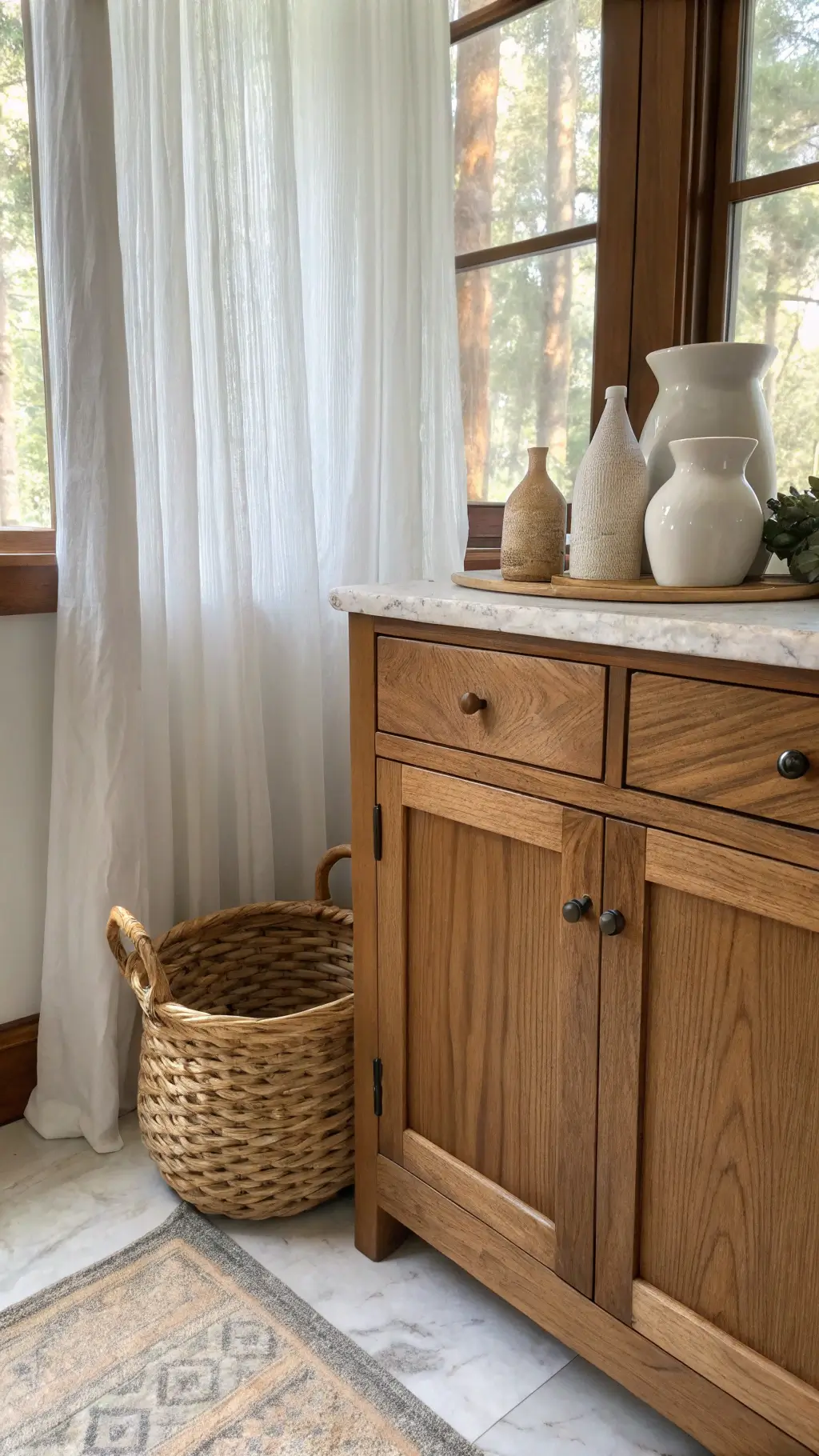 Low-angle view of hickory cabinet corner with brass hardware, marble countertop, ceramic vessels, and woven basket holding sourdough in soft morning light.