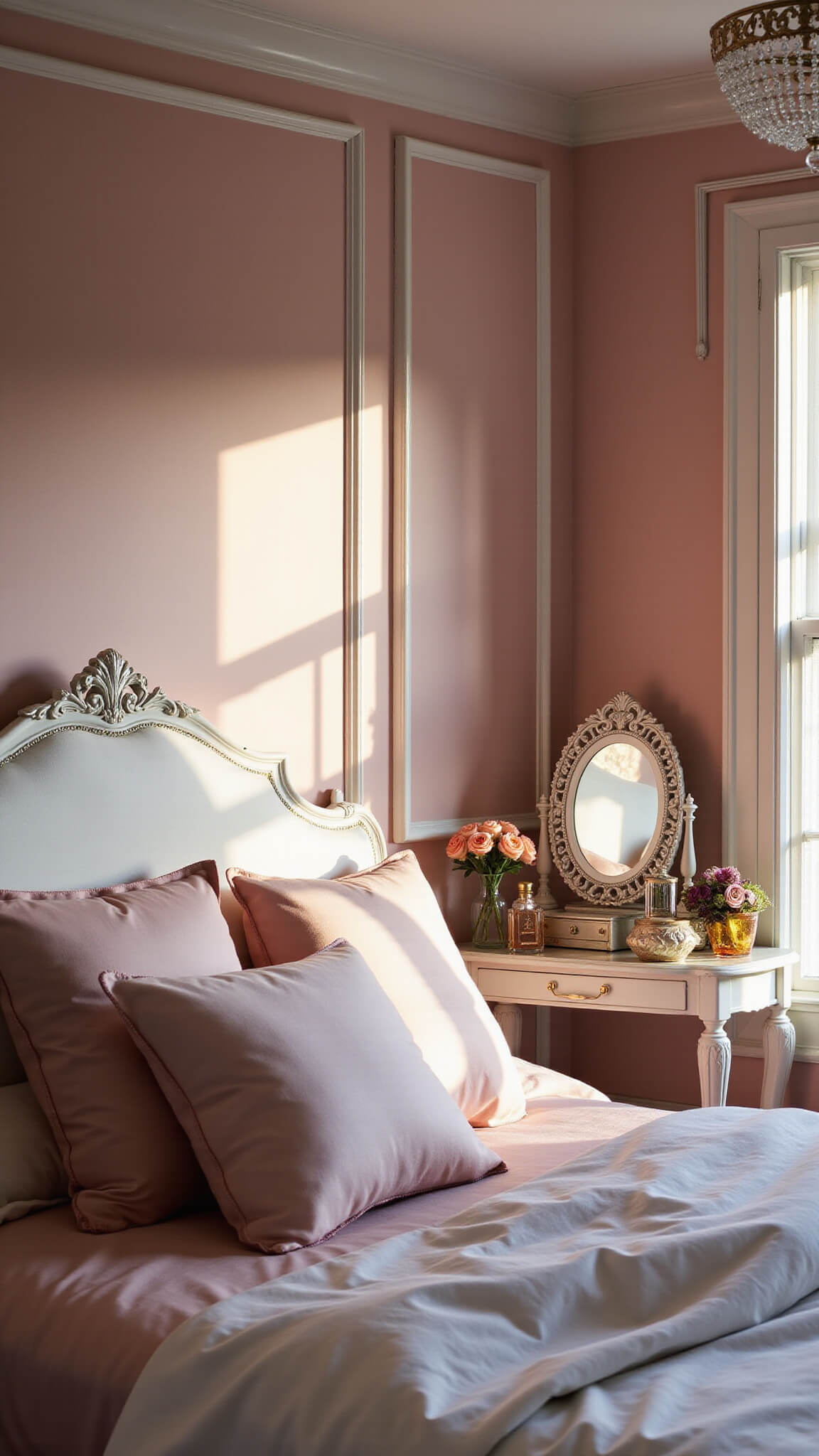 Coquette-style bedroom corner at dusk with blush pink walls, vintage vanity, crystal chandelier, and soft silk bedding.