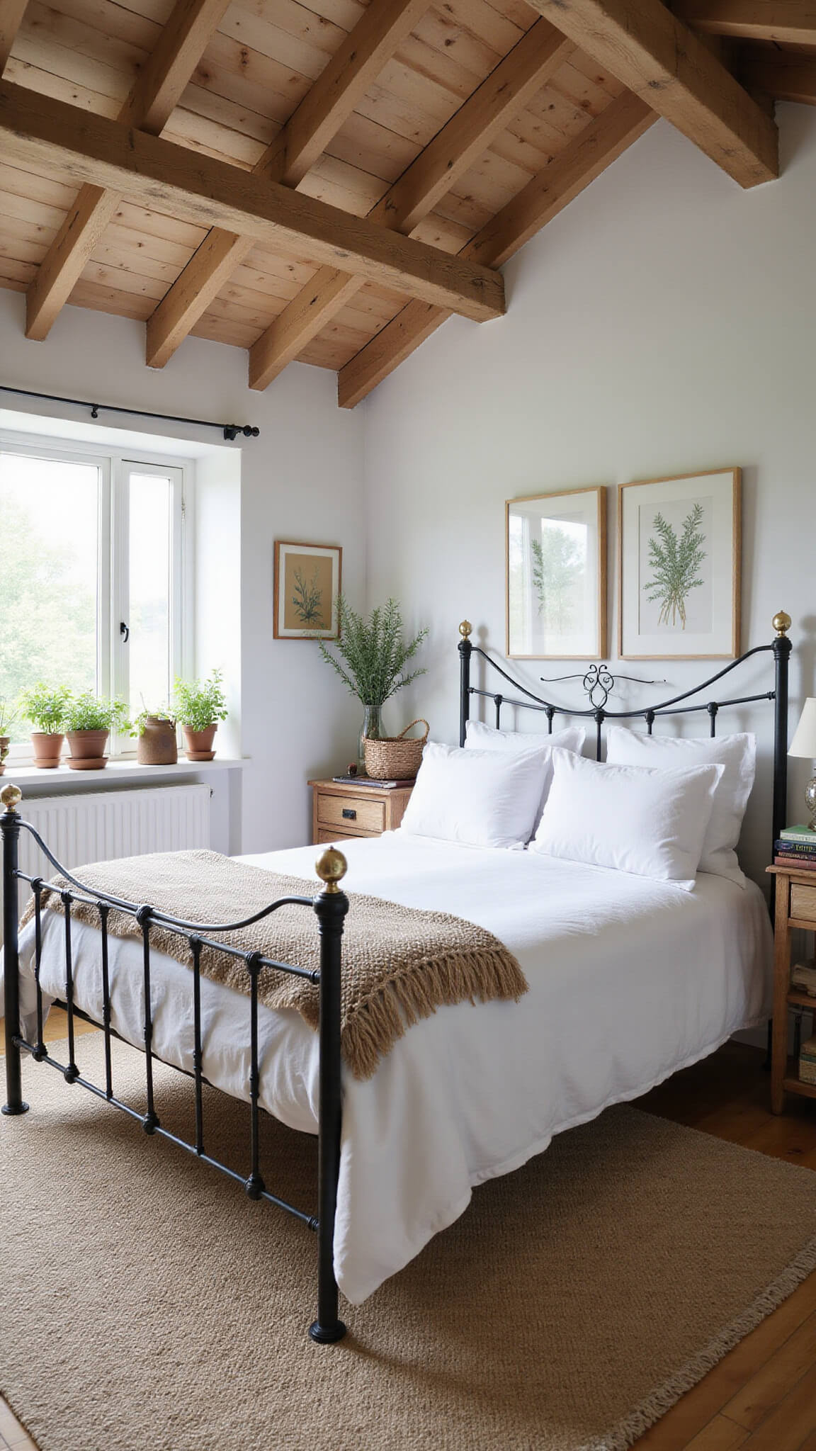 Cottagecore bedroom with vaulted ceiling, wrought iron bed, potted herbs, vintage decor, and morning light.