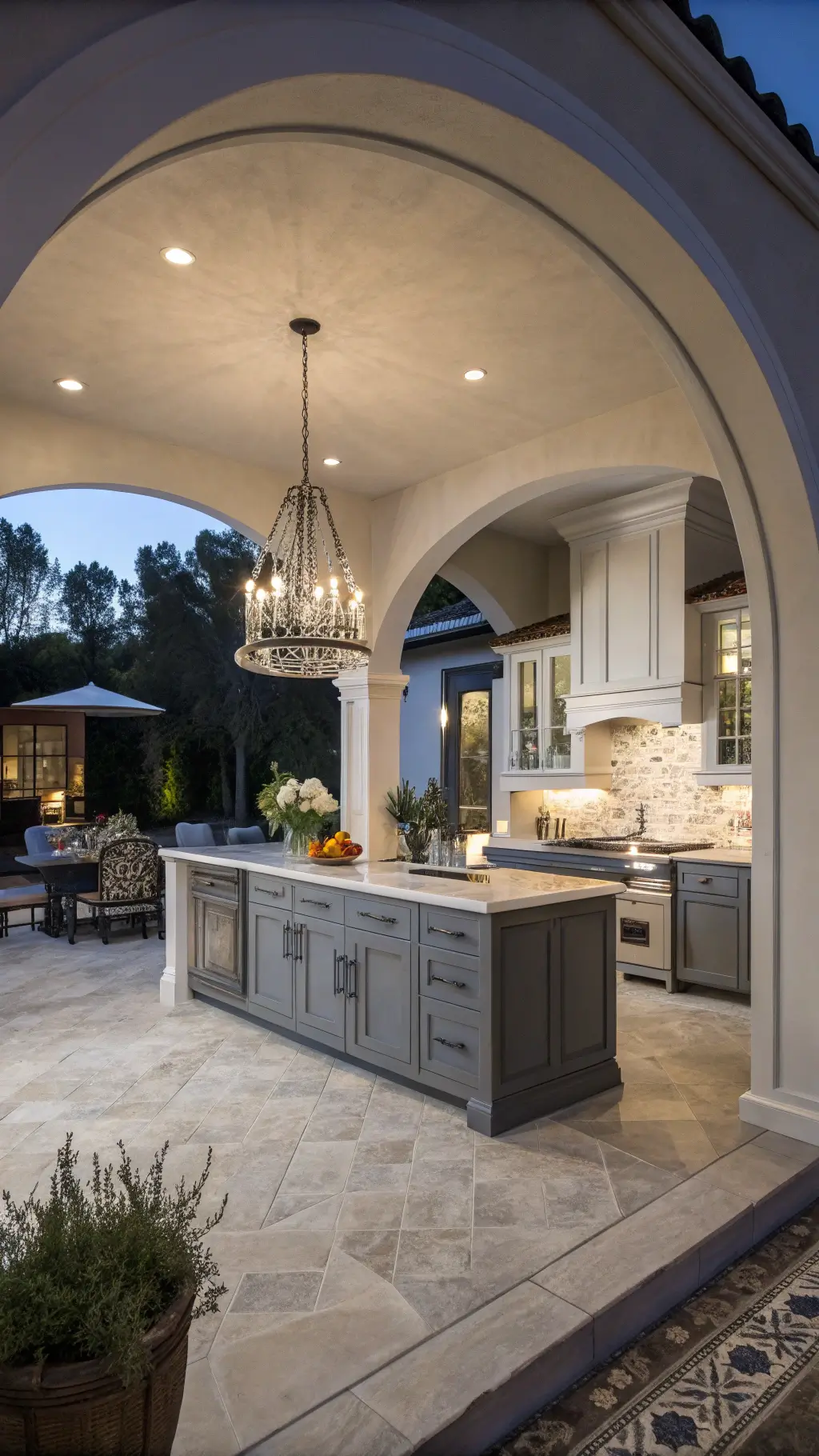Transitional grey kitchen at dusk with two-tone cabinets, crystal chandelier, marble backsplash, and soft twilight glow through roman shades.