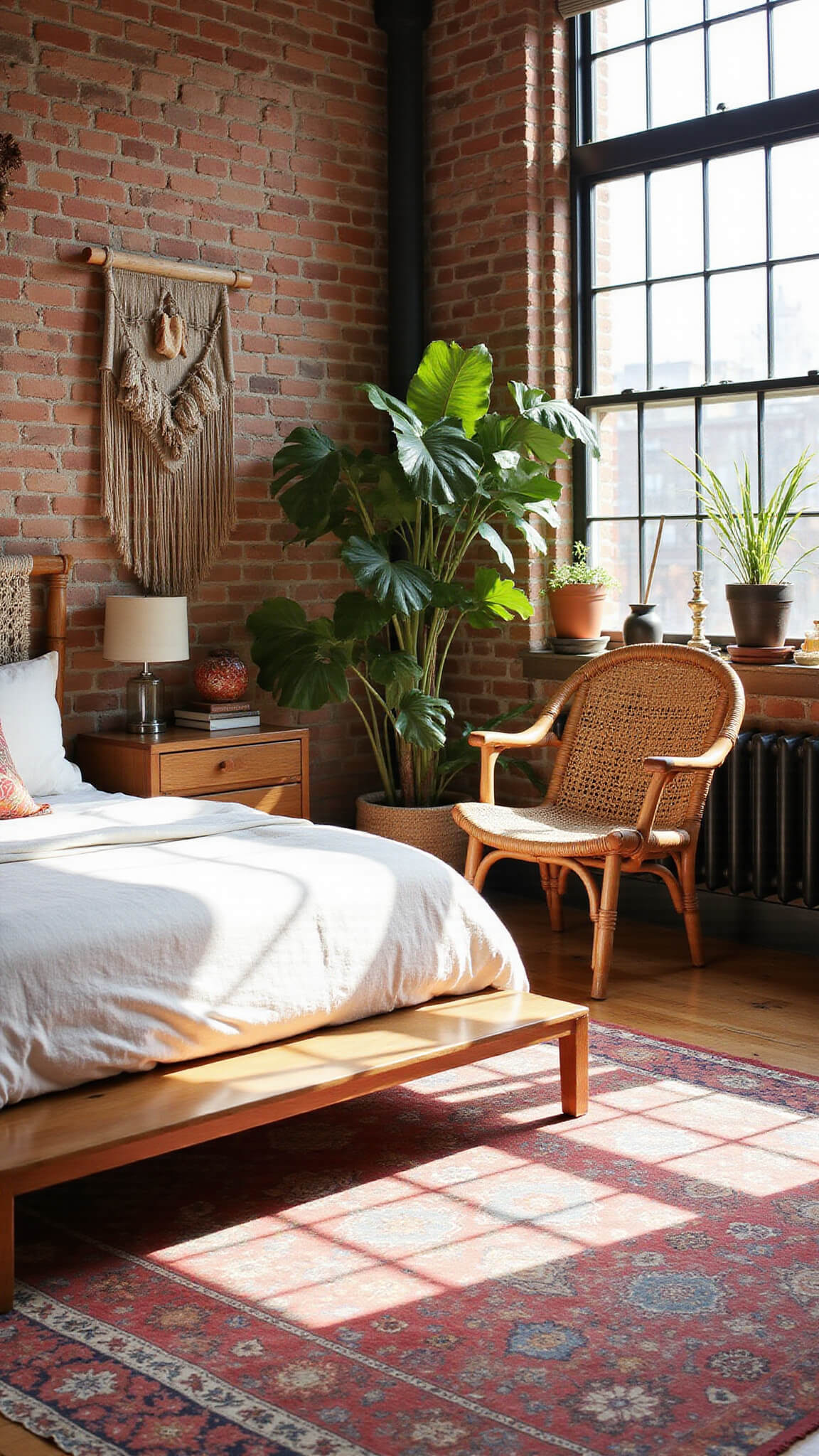 Boho bedroom with 16ft brick wall, vintage Moroccan rugs, low platform bed, hanging rattan chair, plants, tribal textiles, and natural light.
