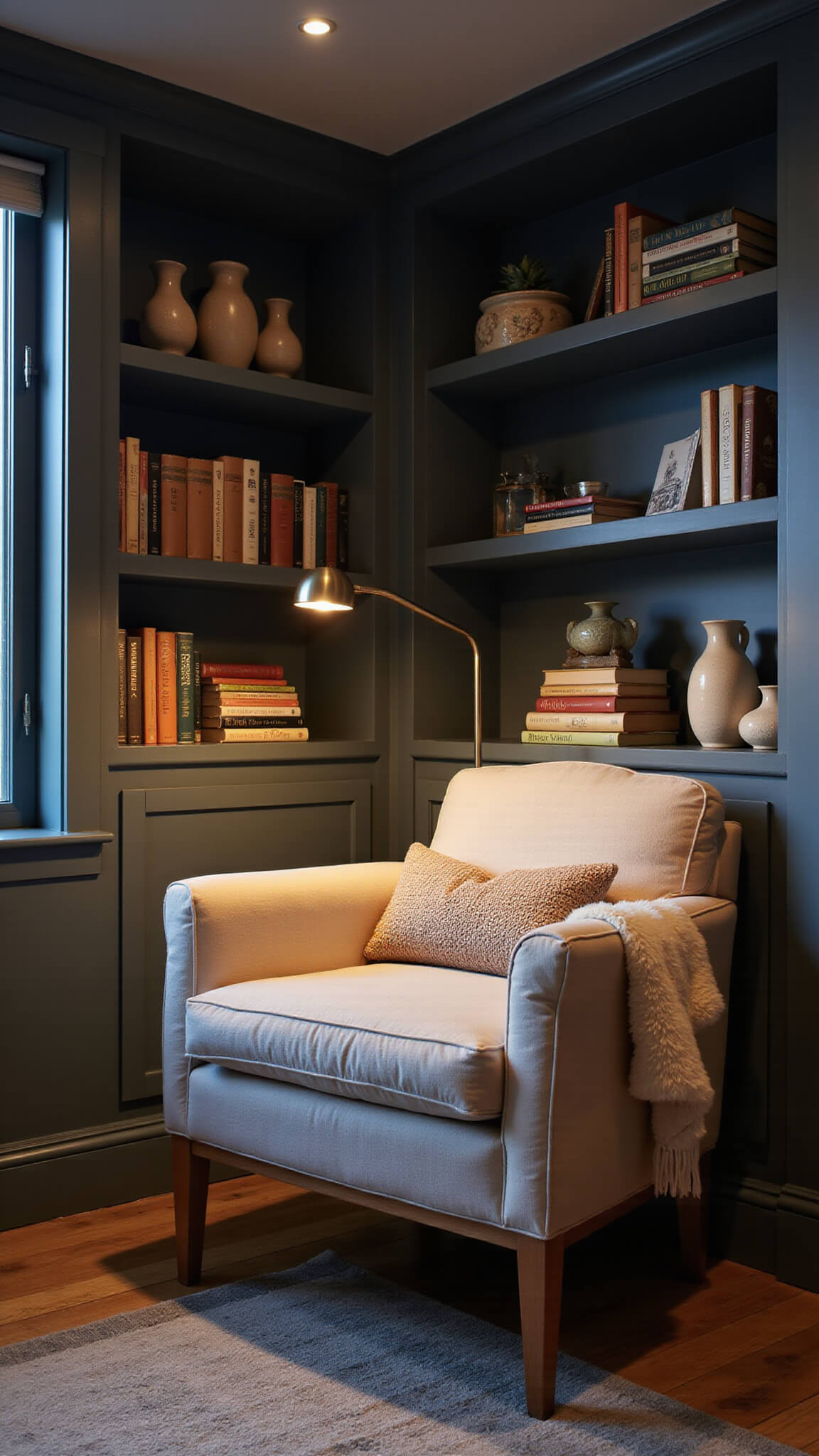 Cozy reading nook with oversized linen armchair, built-in bookshelves, warm floor lamp, vintage books, and textured accents during blue hour.