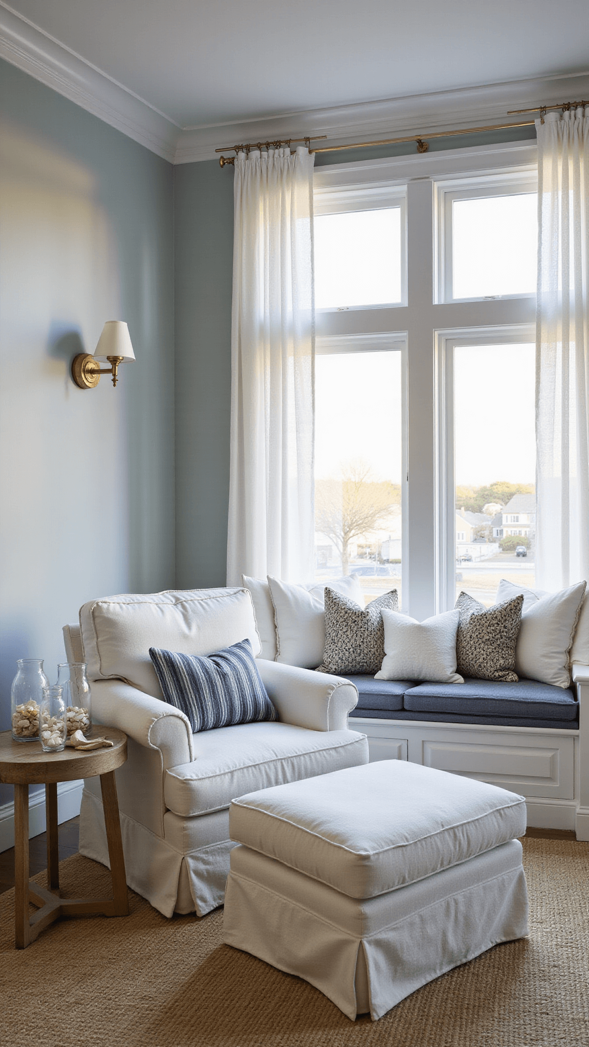 Coastal sitting area at twilight with window seat, white armchair, vintage sconces, and sea-inspired decor.