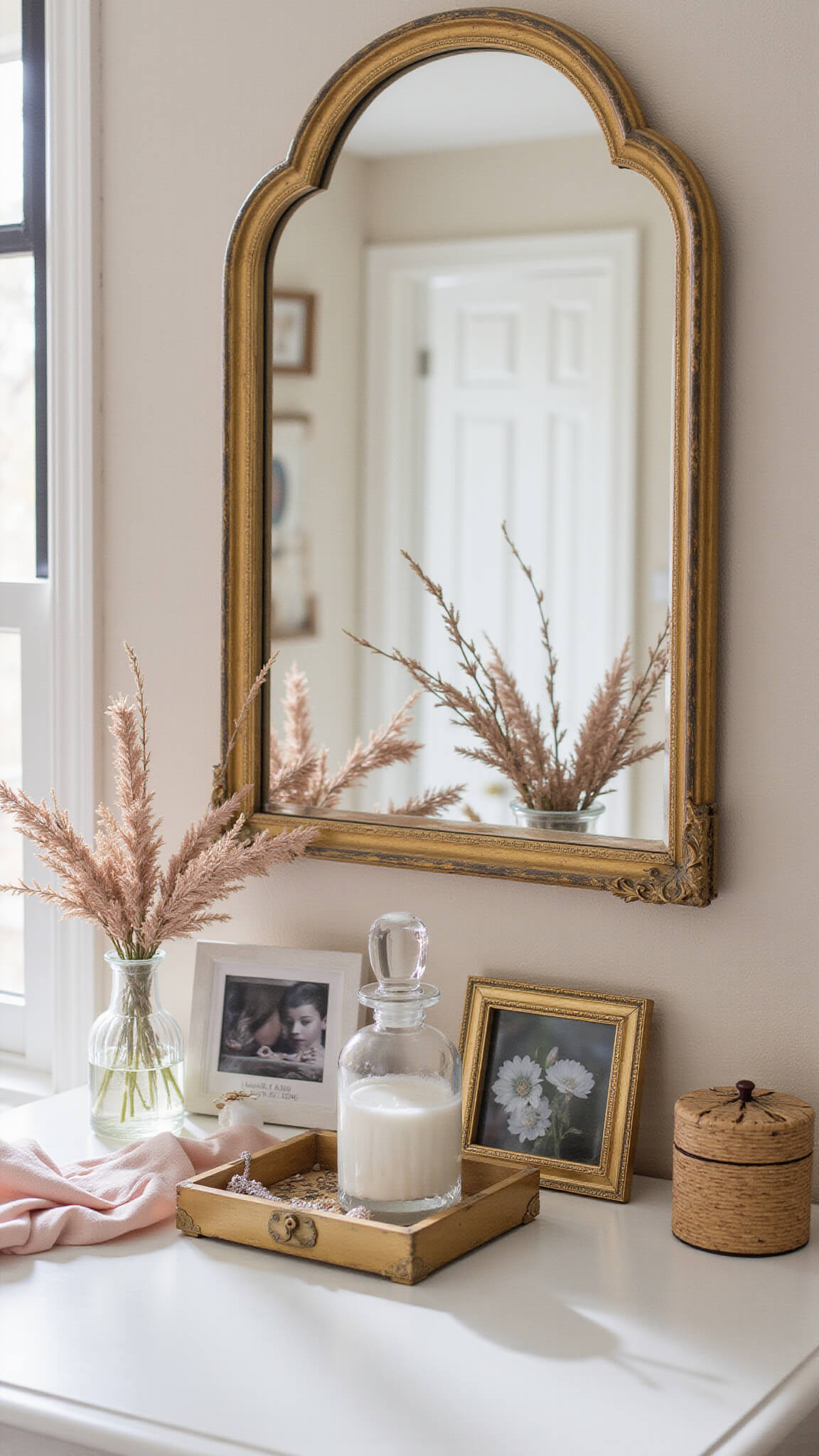 Aesthetic bedroom vanity at sunrise with antique gold mirror, crystal perfume bottles, vintage jewelry box, dried flowers, silk scarf, and personal photos in soft natural light.