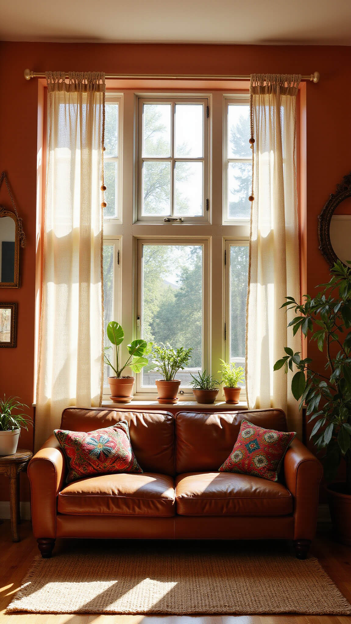 Bohemian living room with sunlit macramé curtains, terra cotta walls, kilim pillows on low leather sofa, and lush plants in warm natural light.