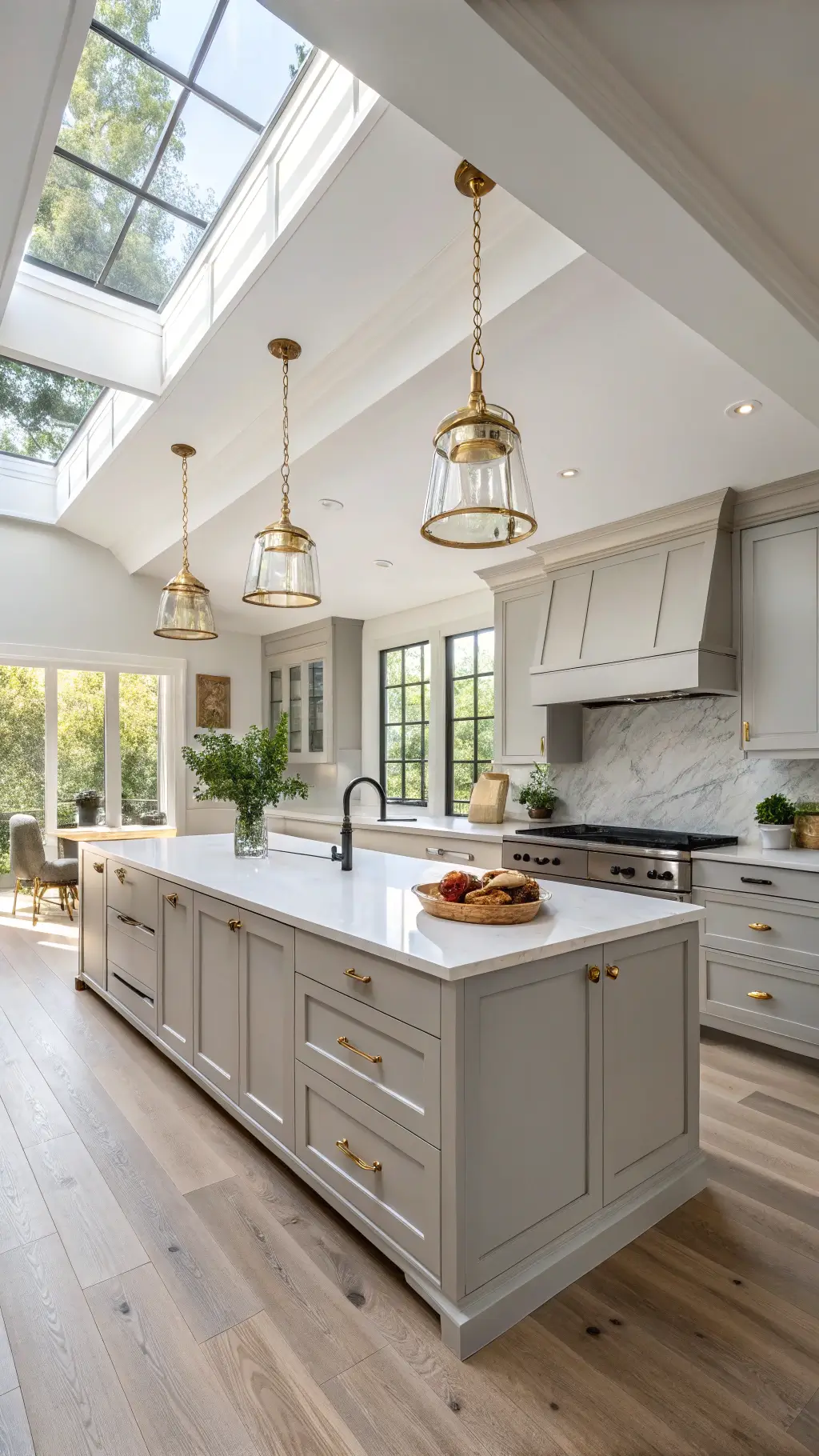 Modern light gray kitchen with shaker cabinets, white quartz waterfall island, and brass pendant lights, bathed in golden hour sunlight through floor-to-ceiling windows.