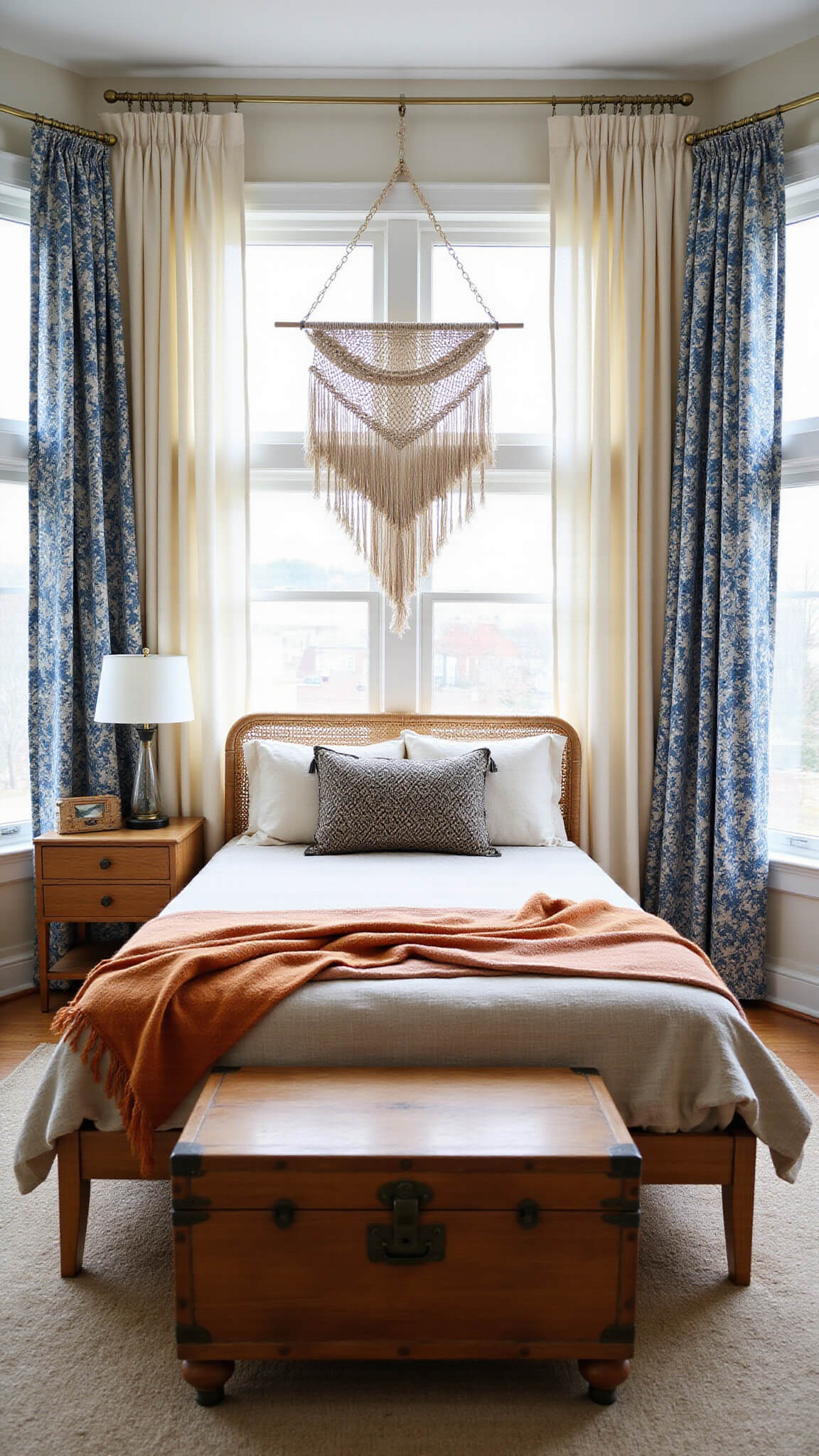 Modern boho bedroom with rattan bed, macramé wall hanging, and patterned morning light through indigo and cream curtains on floor-to-ceiling windows.