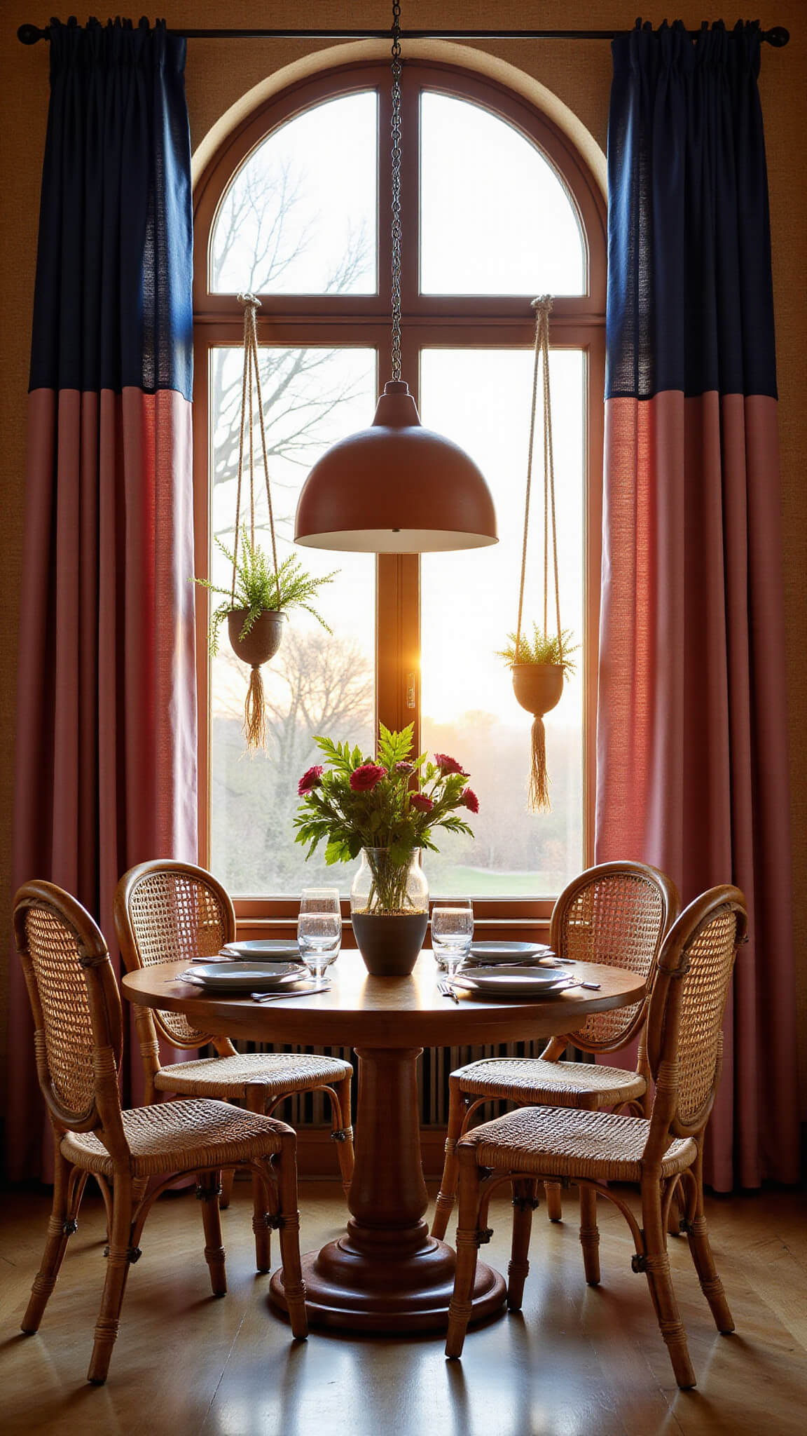 Bohemian dining room with arched windows, blush and navy curtains glowing at sunset, round vintage table with rattan chairs, ceramic pendant light, and macramé plant hangers against textured grasscloth wallpaper.