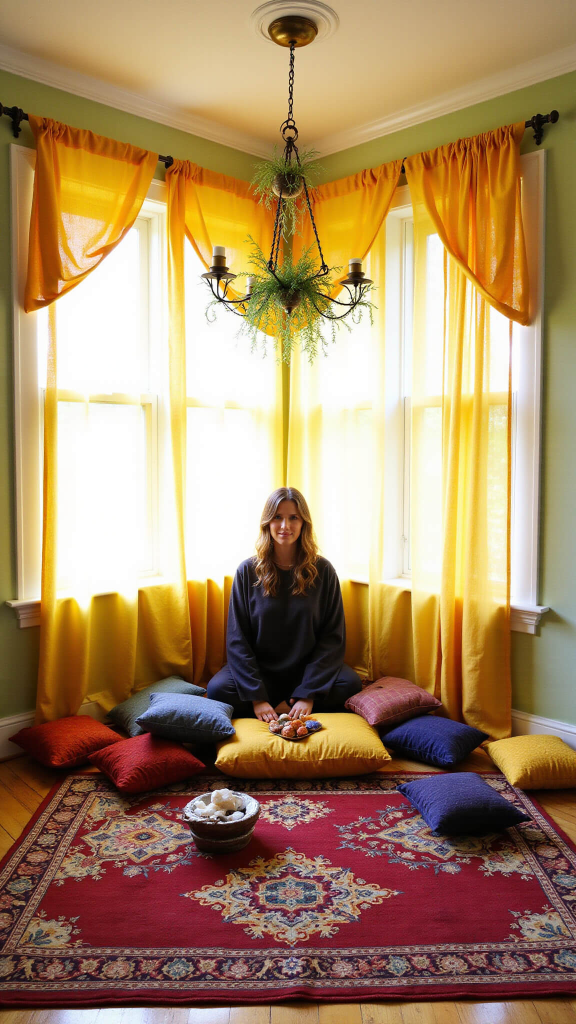 Cozy 10x12ft meditation corner with corner windows, saffron sheer curtains, layered Persian rugs, jewel-toned floor cushions, brass incense holder, crystal clusters, and hanging air plants in soft dawn light.
