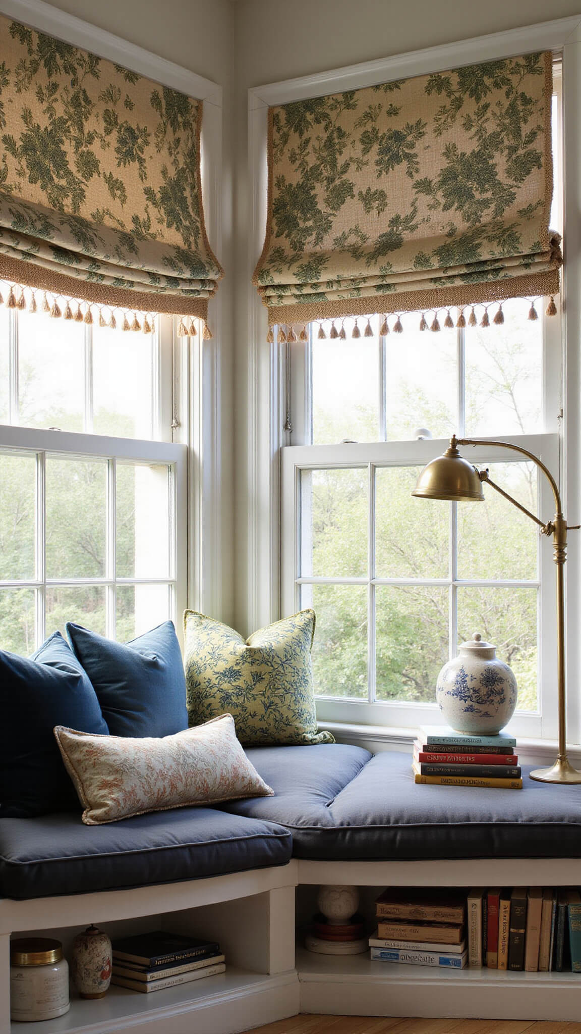 Cozy window seat with vintage velvet cushion, layered botanical and woven curtains filtering afternoon light, brass floor lamp, stacked books, ceramic vessels, and Indian block print pillows.