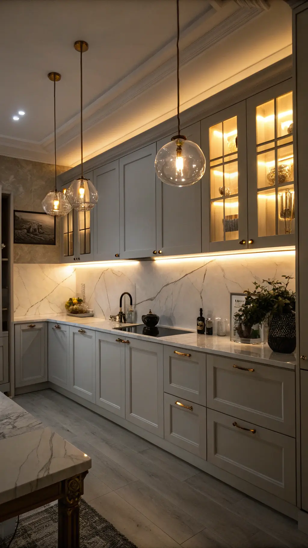 Elegant twilight kitchen with warm lighting, glowing under-cabinet LEDs, metallic accents, and white marble backsplash.