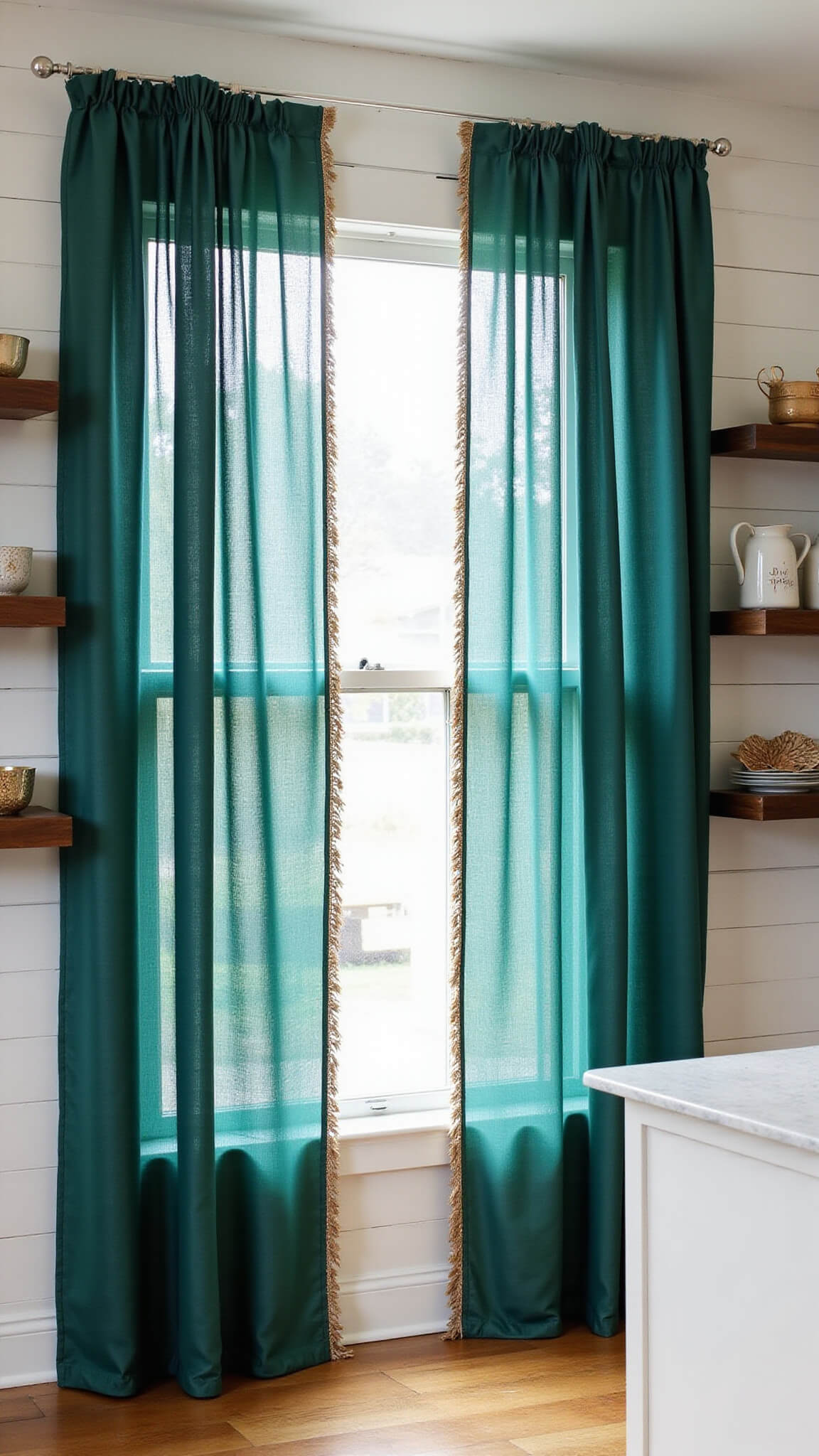 Modern farmhouse kitchen with double-height windows, emerald boho curtains, white shiplap walls, floating shelves with ceramics, and morning light highlighting textured textiles.