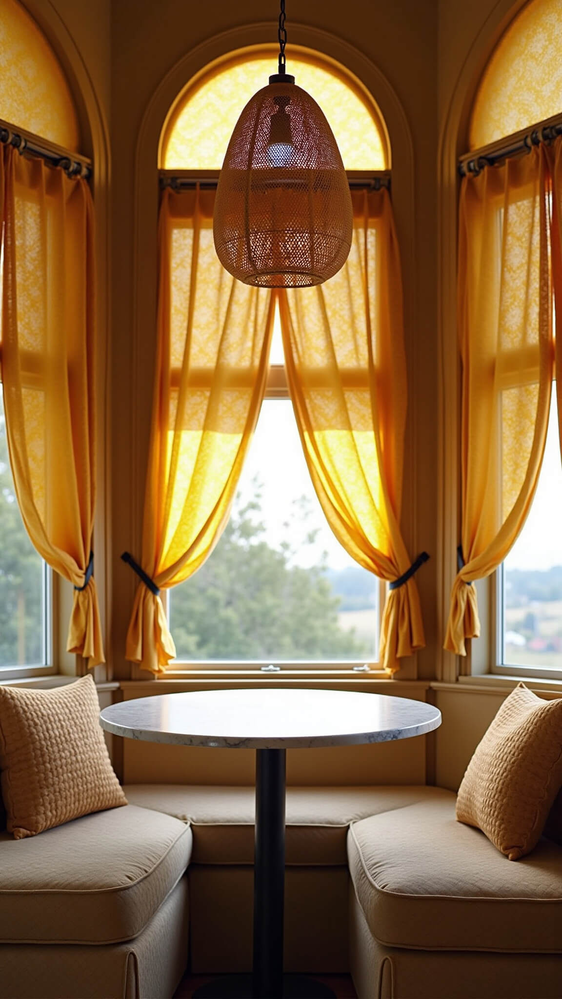 Intimate breakfast nook at sunset with arched windows, mustard yellow patterned curtains, rattan pendant lamp casting shadows on round marble table, and layered textiles in warm golden tones.