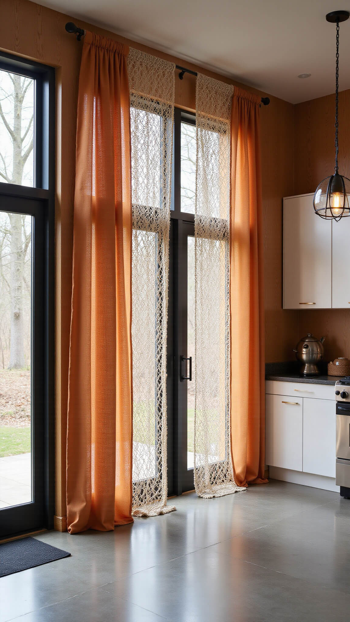 Contemporary open-concept kitchen with burnt orange boho curtains, black steel windows, white oak cabinetry, and polished concrete floors in morning light.