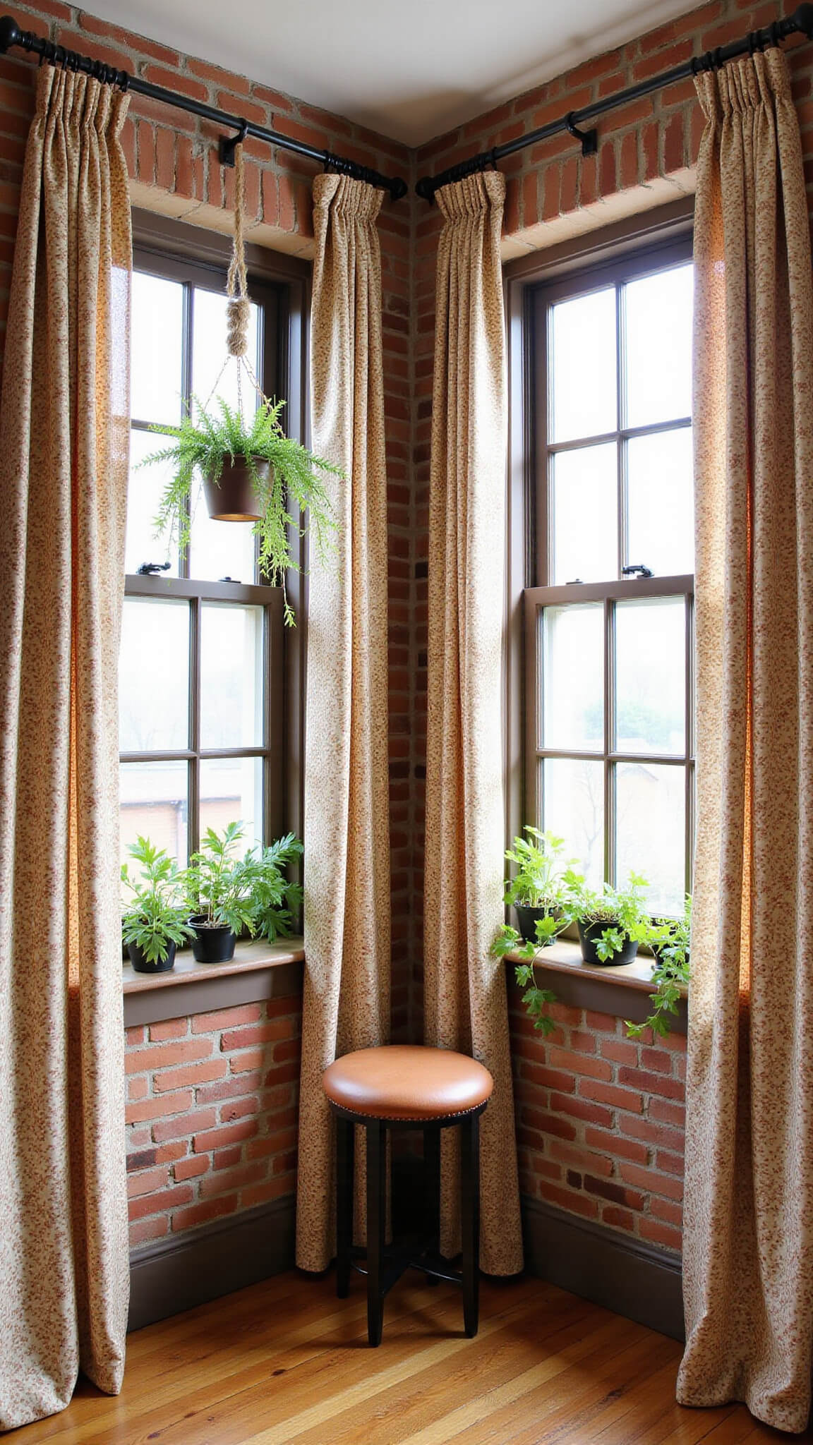 Cozy 10x12ft galley kitchen with bay windows, mixed-pattern floral and geometric curtains, exposed brick walls, hanging plants, and vintage copper accents, viewed from a corner angle at midday.