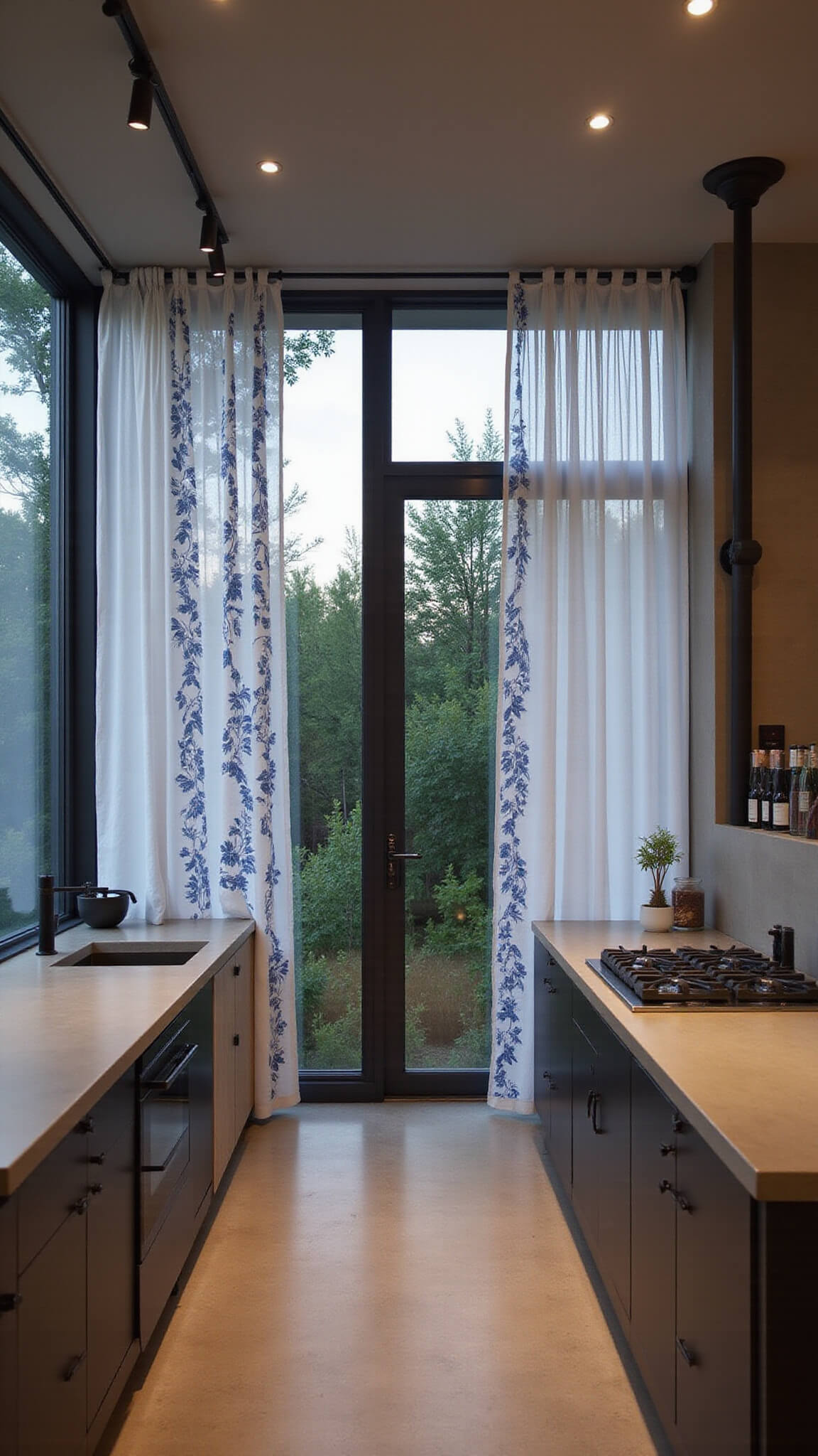 Minimalist 16x14ft kitchen at dusk with floor-to-ceiling windows, sheer white and indigo block-printed curtains, concrete countertops, matte black fixtures, and handwoven textile art under warm artificial lighting.