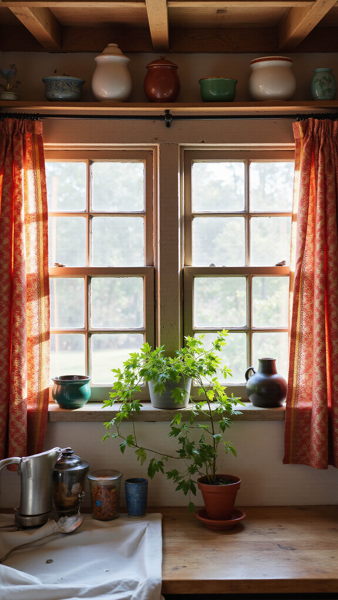Rustic 12x12ft cottage kitchen in morning light with antique windows, jewel-toned sari curtains, global ceramics on open shelves, trailing plants, and weathered wood beams.