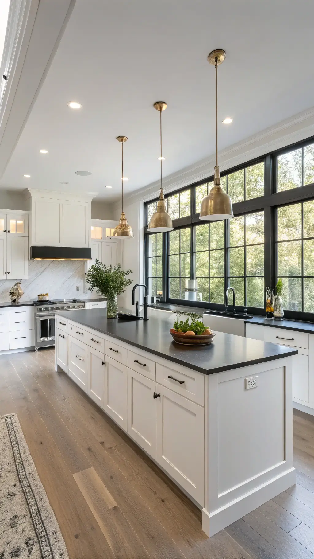 Contemporary 12x15ft kitchen with white shaker cabinets, black quartz countertops, oak flooring, and morning light streaming through floor-to-ceiling windows.