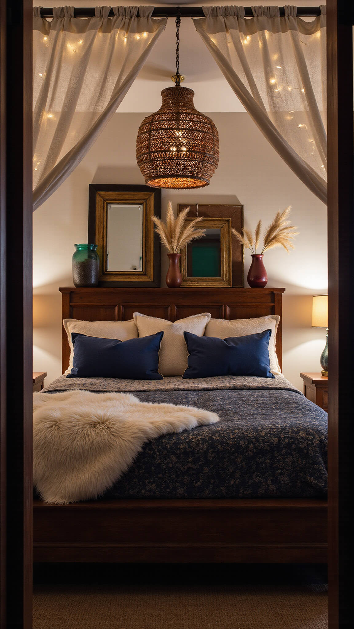 Boho bedroom with curtain lights over carved bed, indigo pillows, sheepskin throws, bamboo lamp, vintage mirrors, and pampas grass, captured at twilight.