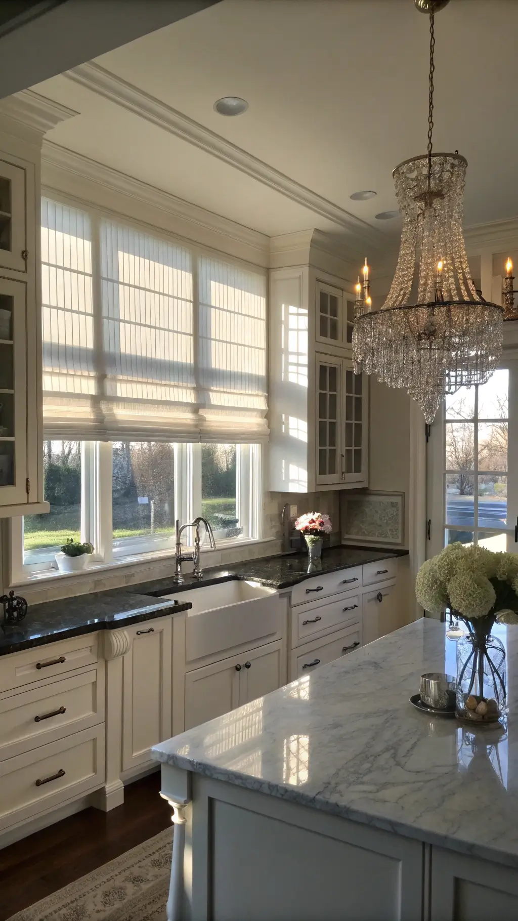 Elegant 10x12 kitchen with dove-white cabinets, black granite counters, marble island, and crystal chandelier in warm afternoon light.