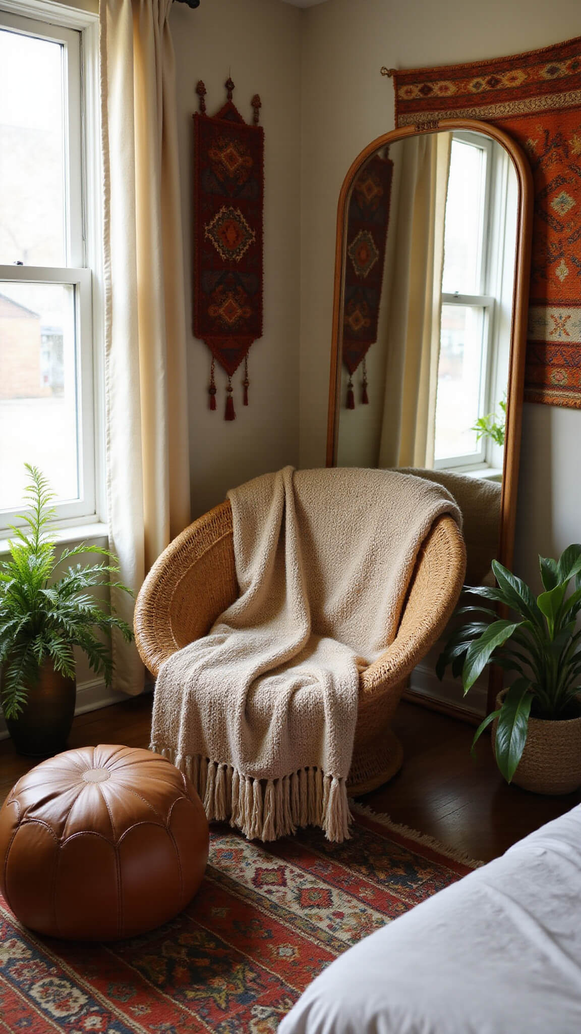 Boho bedroom corner at dawn with rattan peacock chair, chunky knit blanket, curtain lights, mirror, tapestry, vintage poufs, trailing plants, and layered rugs in soft morning glow.