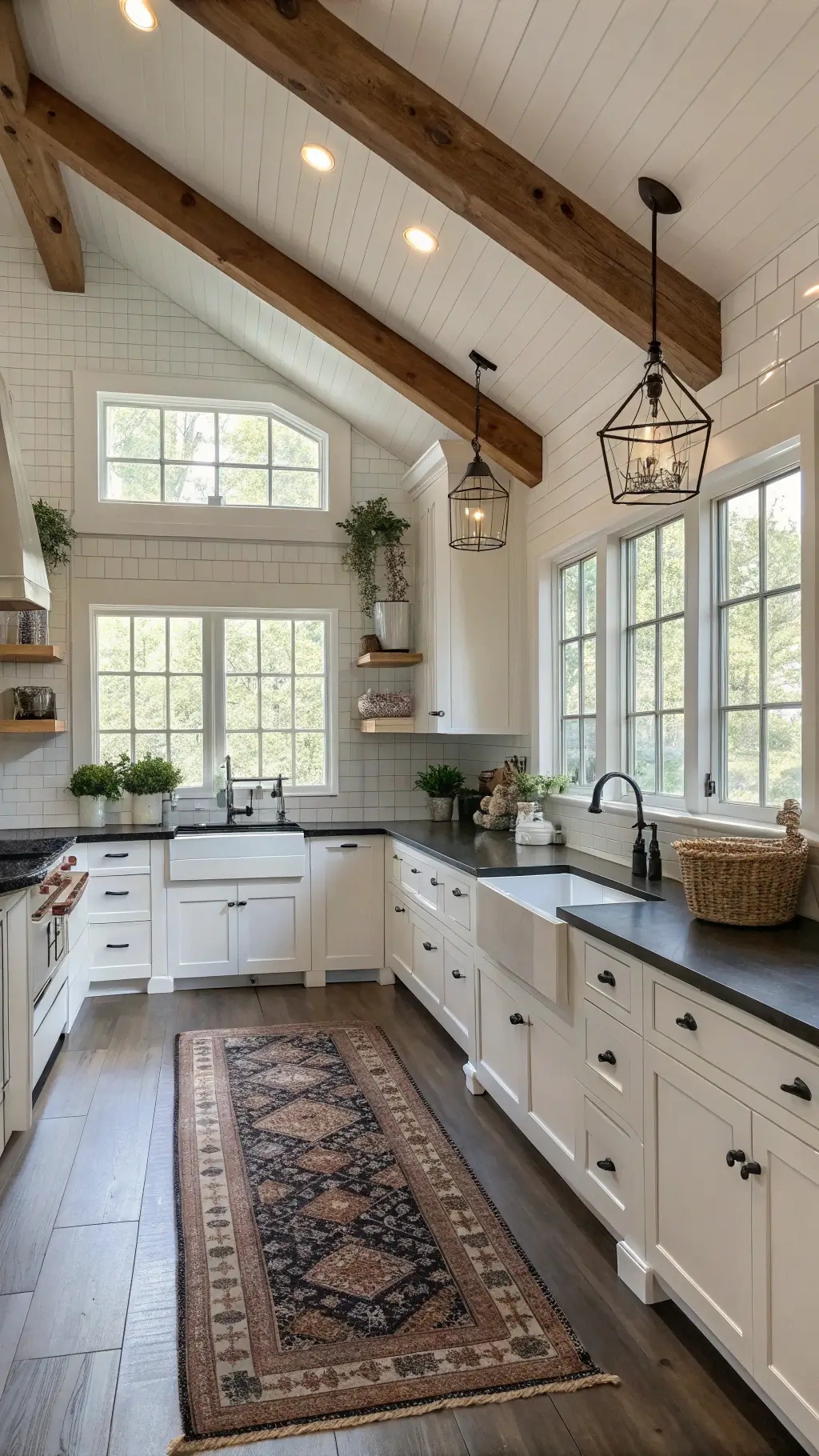 Farmhouse-style 14x16ft kitchen with white cabinets, black soapstone counters, exposed beams, morning light, and vintage decor.