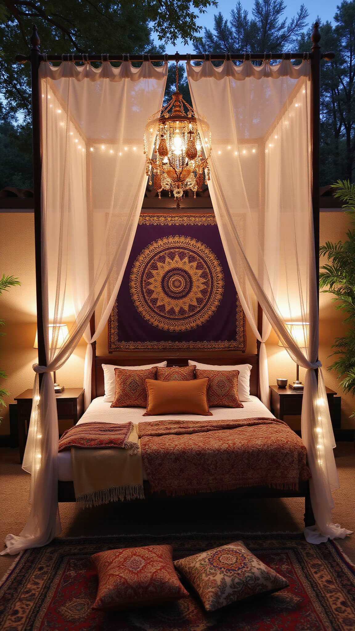 Boho bedroom at dusk viewed from above, featuring a four-poster bed with a white gauzy canopy and twinkle lights, deep purple and gold mandala tapestry on the wall, copper lanterns hanging at various heights, layered earth-tone tribal textiles, a Moroccan wedding blanket headboard, and rich embroidered floor cushions.
