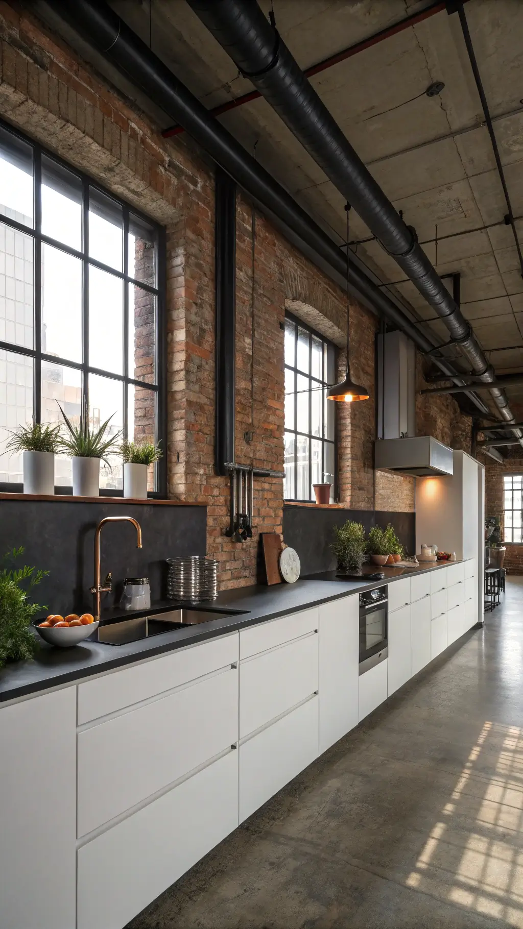 Industrial-modern 11x13ft kitchen loft with exposed brick, white cabinets, black countertops, factory windows, and mixed metal accents.