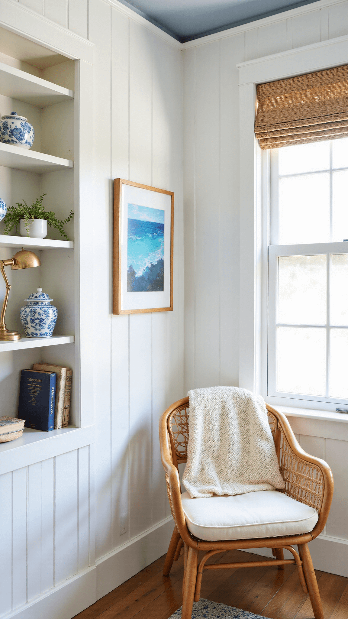 Cozy coastal reading nook with rattan chair, built-in bookcase, and ocean-toned decor in sunlit white-paneled room.