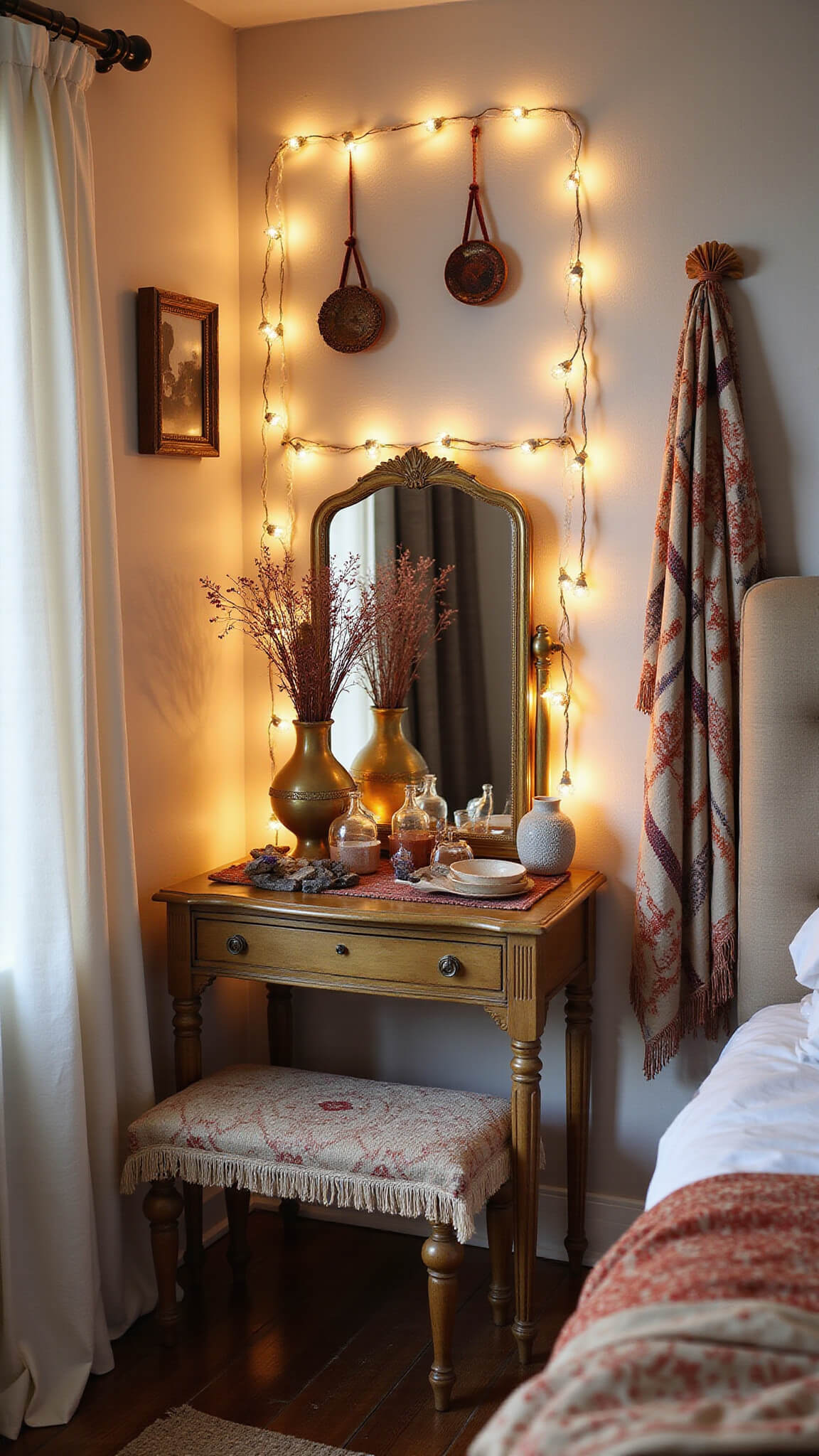 Boho bedroom corner at sunset with antique brass vanity, crystals, dried florals, and soft curtain lights.