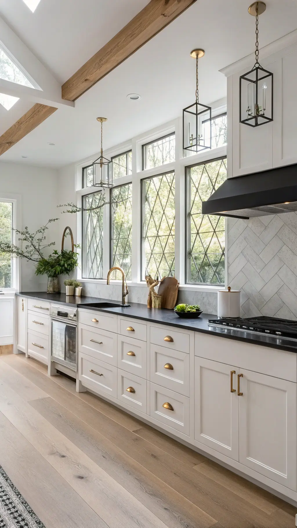 Scandinavian-style 10x14ft kitchen with white oak floors, matte white cabinets, black quartzite countertops, and morning light casting shadows through gridded windows.