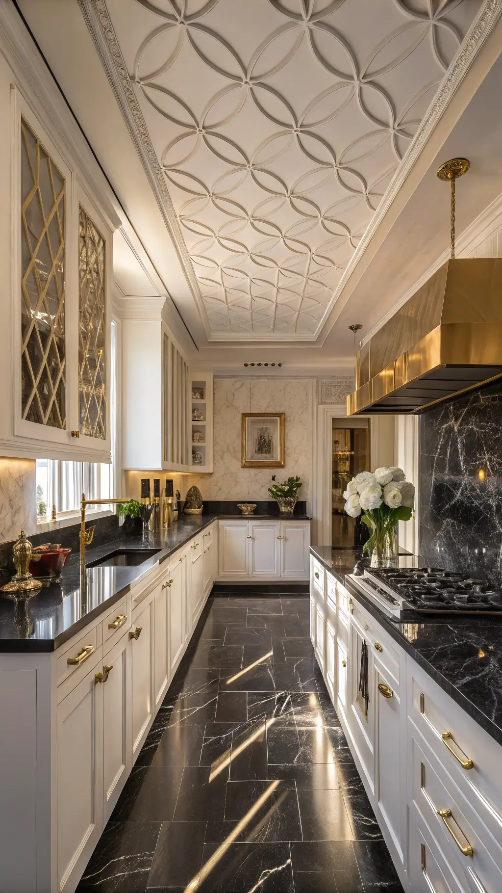 Art Deco 12x12ft kitchen with geometric ceiling, glossy white cabinets, black marble counters, brass and black hardware, crystal sconces, and golden hour lighting.