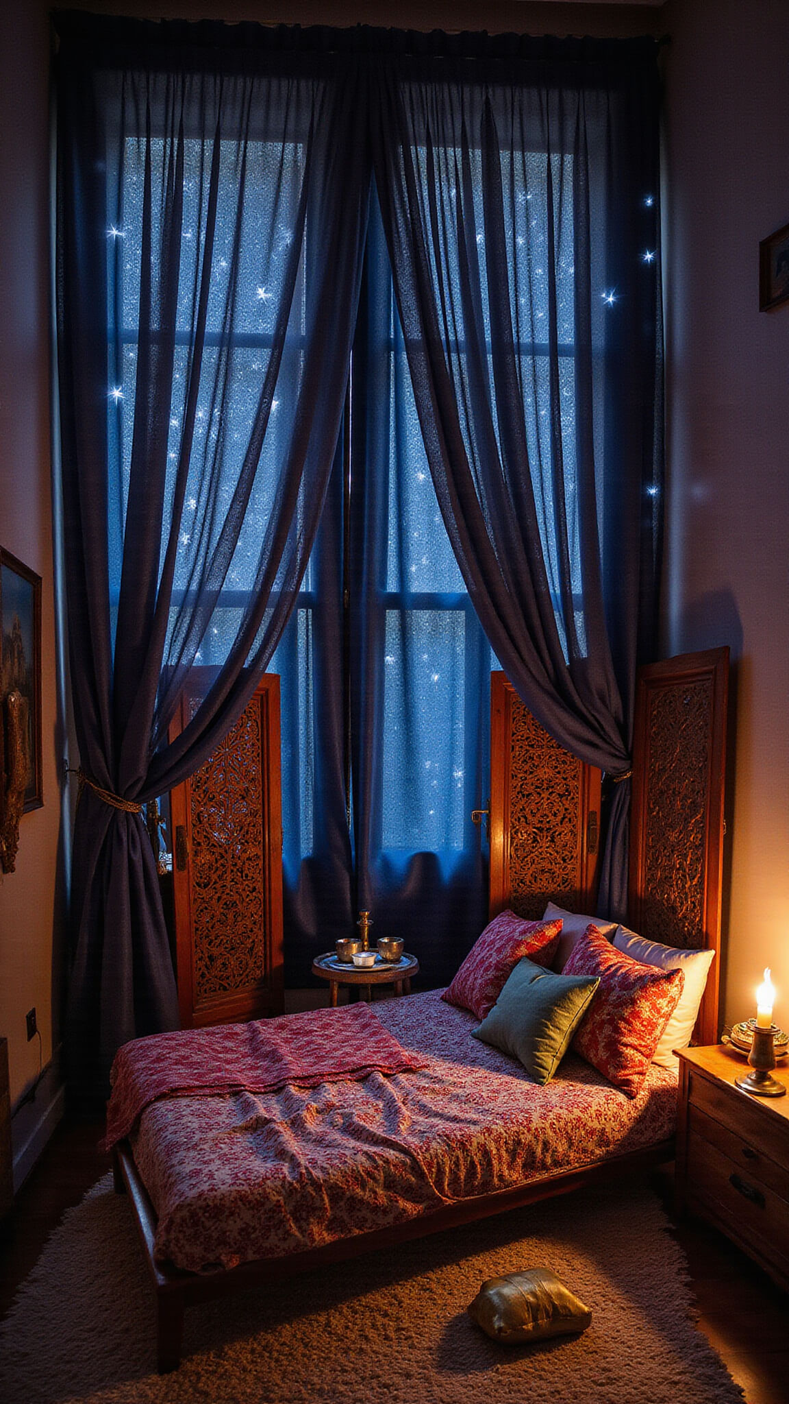 Boho bedroom at midnight with starry curtain lights, indigo and burgundy textiles, carved wooden screens, Moroccan-style floor mattress, and metallic accents glowing in long exposure.