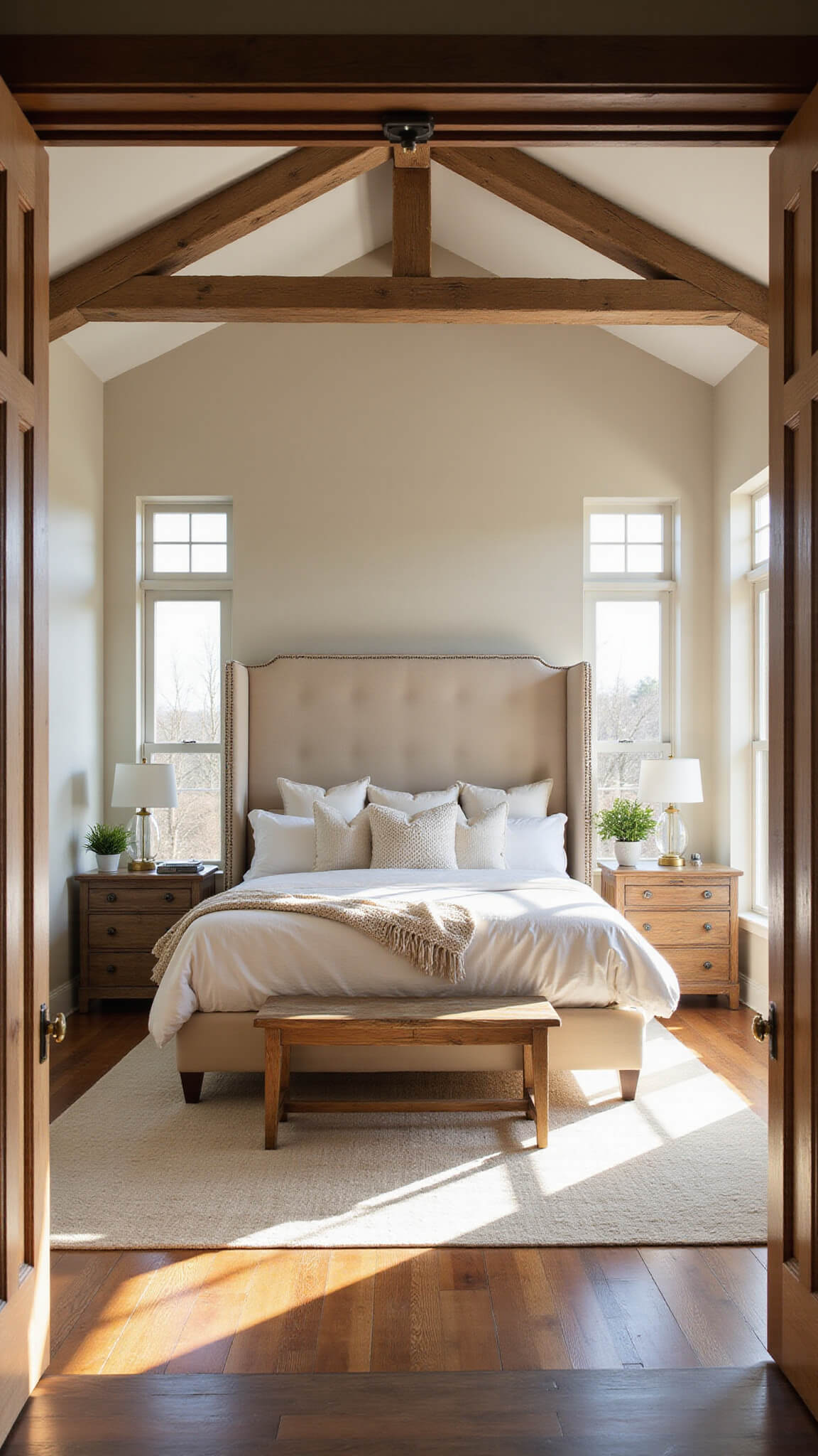 Spacious rustic master bedroom with cream upholstered canopy bed, oak ceiling beams, and warm golden afternoon light through tall windows.