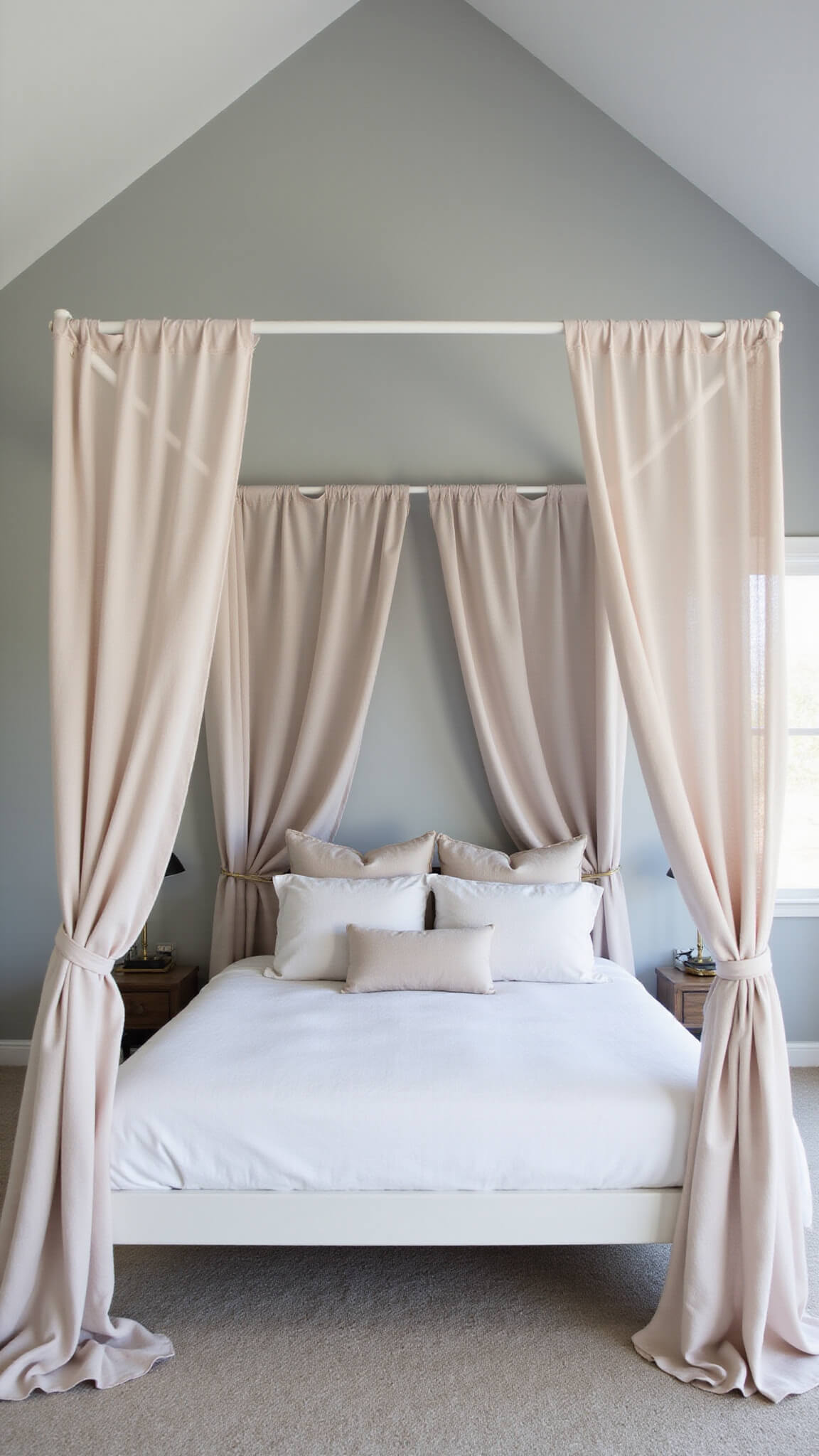 Serene light-filled bedroom with vaulted ceilings, white metal canopy bed draped in blush linen, layered neutral bedding, and brass sconces against pale gray walls.