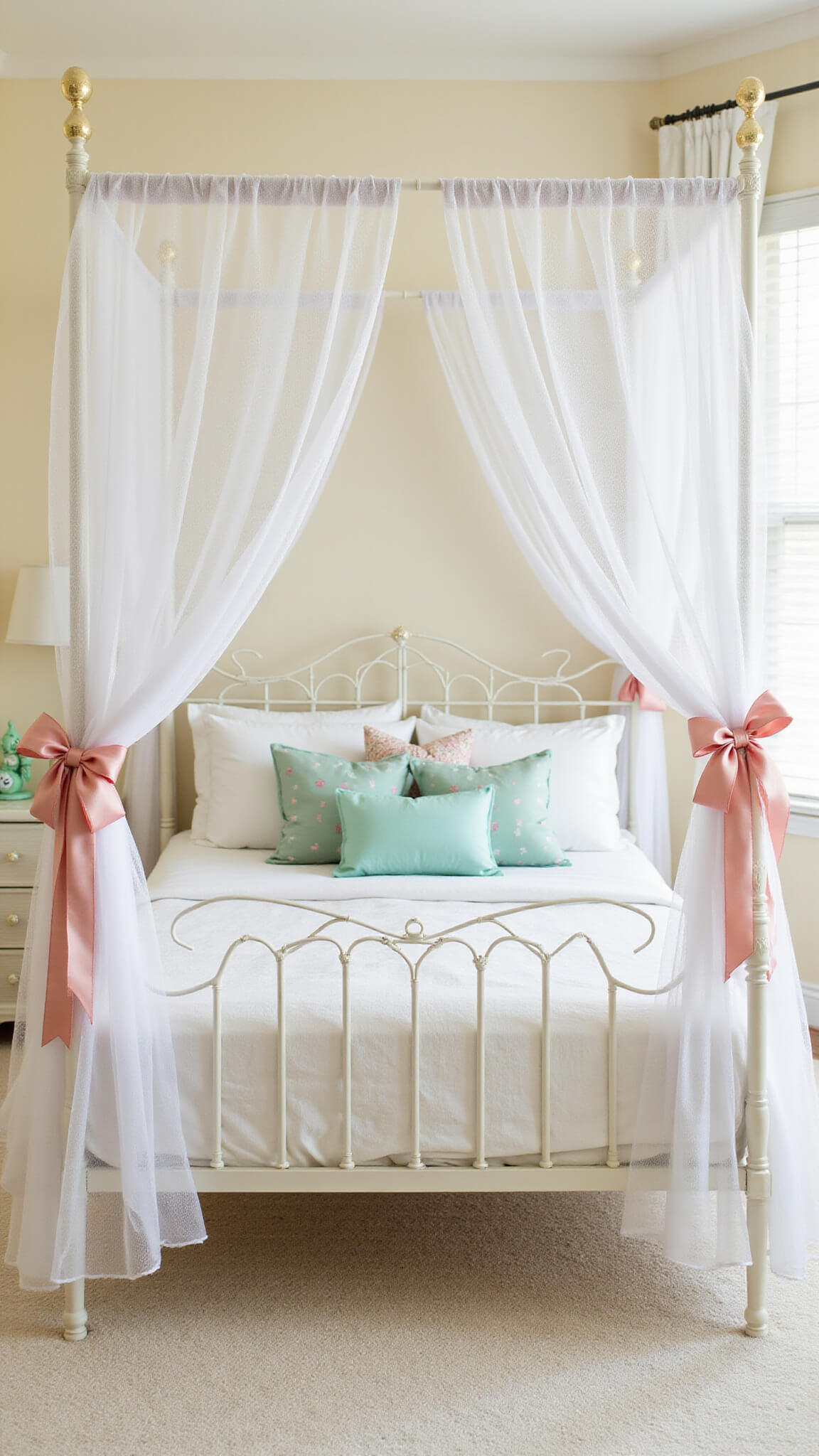 Whimsical children's bedroom with white canopy bed draped in tulle and pastel ribbons, cream walls with gold polka dots, plush white carpet, and soft morning light creating a magical, airy feel.