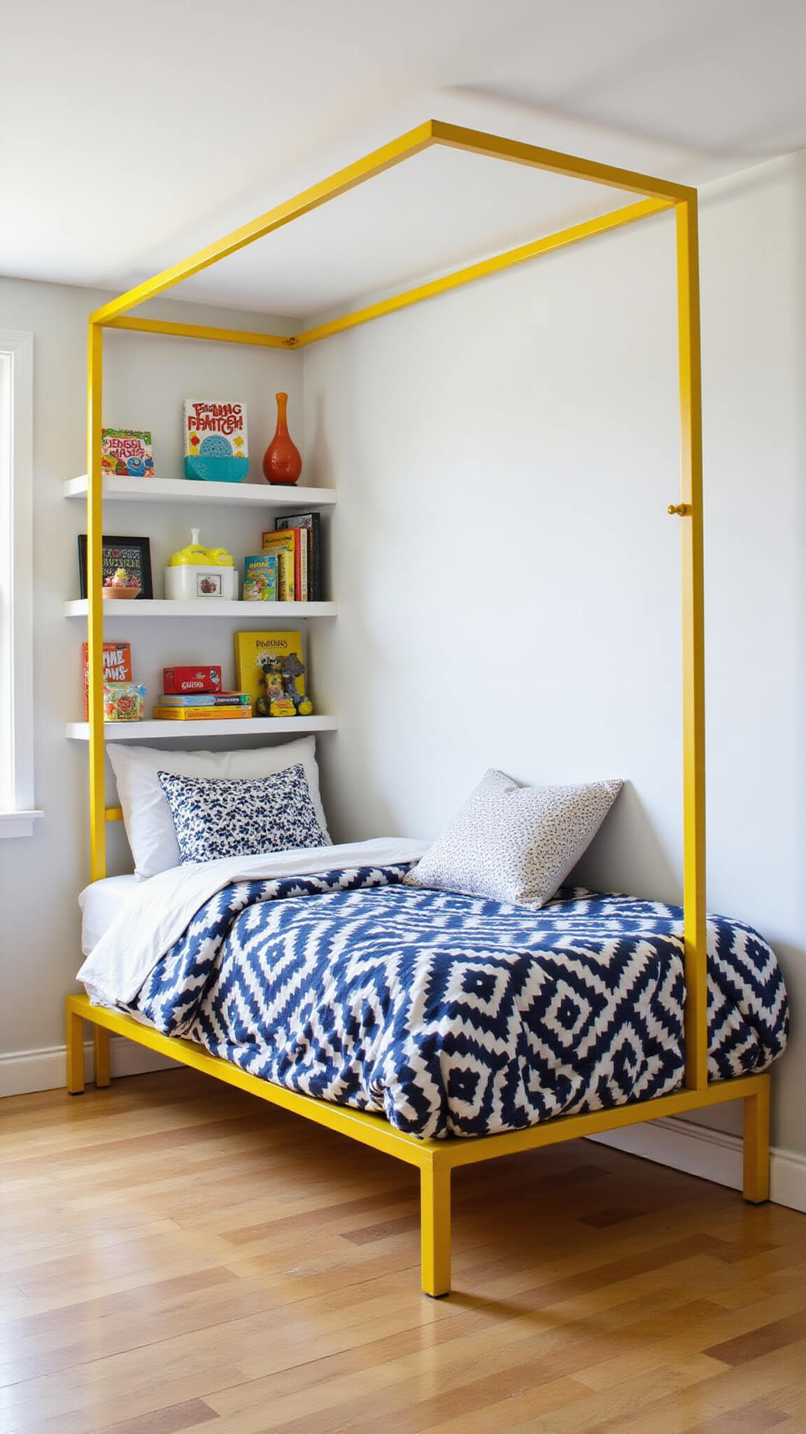 Bright kids' bedroom with yellow metal canopy bed, navy geometric bedding, floating shelves, and light oak flooring in daylight.