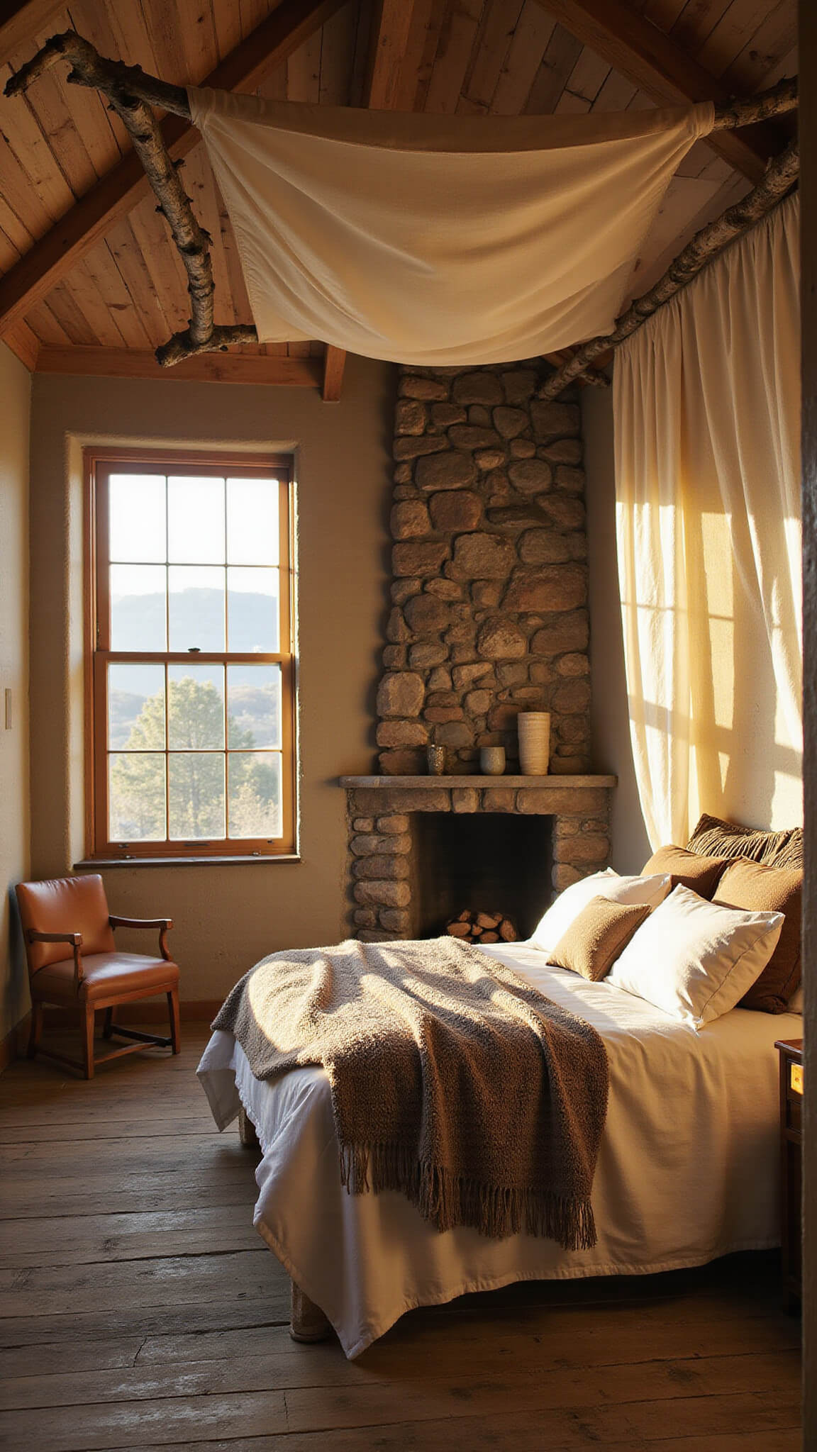 Rustic 15x18ft bedroom at golden hour with birch branch canopy draped in muslin, earth-toned linens, stone fireplace, reclaimed wood floors, and vintage leather chair.