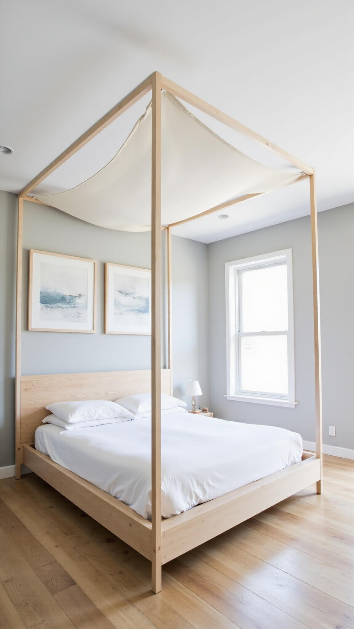 Minimalist Nordic-style 12x14ft bedroom with pale ash canopy bed, white linen panels, abstract art, and soft morning light.