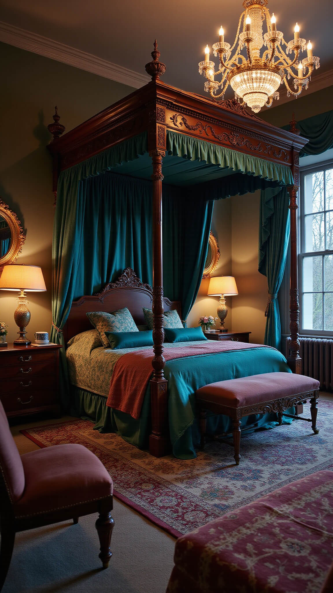 Luxurious twilight master suite with mahogany canopy bed, jeweled silk bedding, crystal chandelier, Persian rug, antique mirrors, and tufted chaise by bay window.
