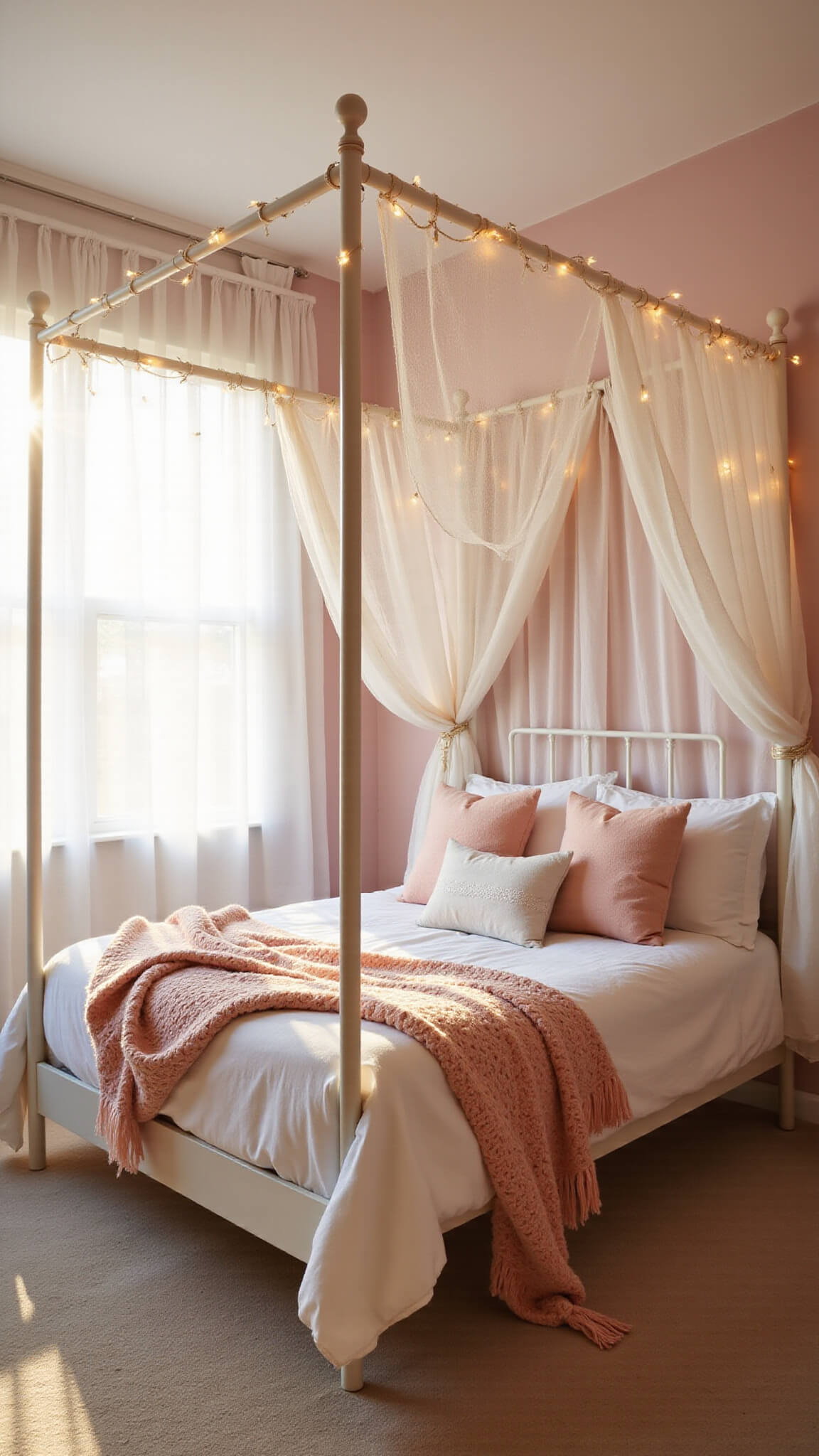 Sunlit girl's bedroom with white metal canopy bed draped in pink and white tulle, fairy lights, and blush decor, viewed from a low corner angle.