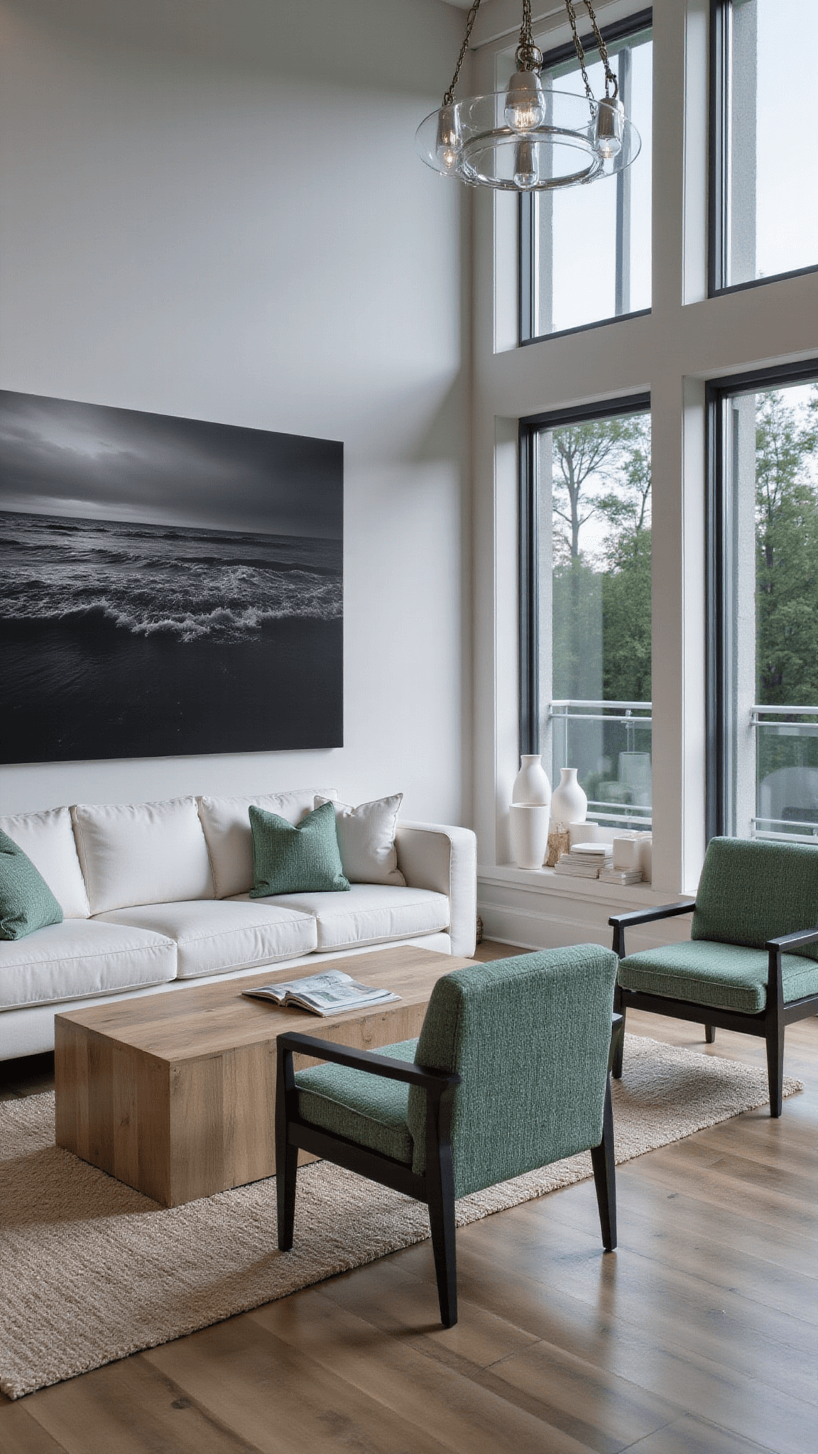 Modern coastal living room at dusk with high ceilings, minimalist white sofa, seafoam accent chairs, and dramatic ocean photography.