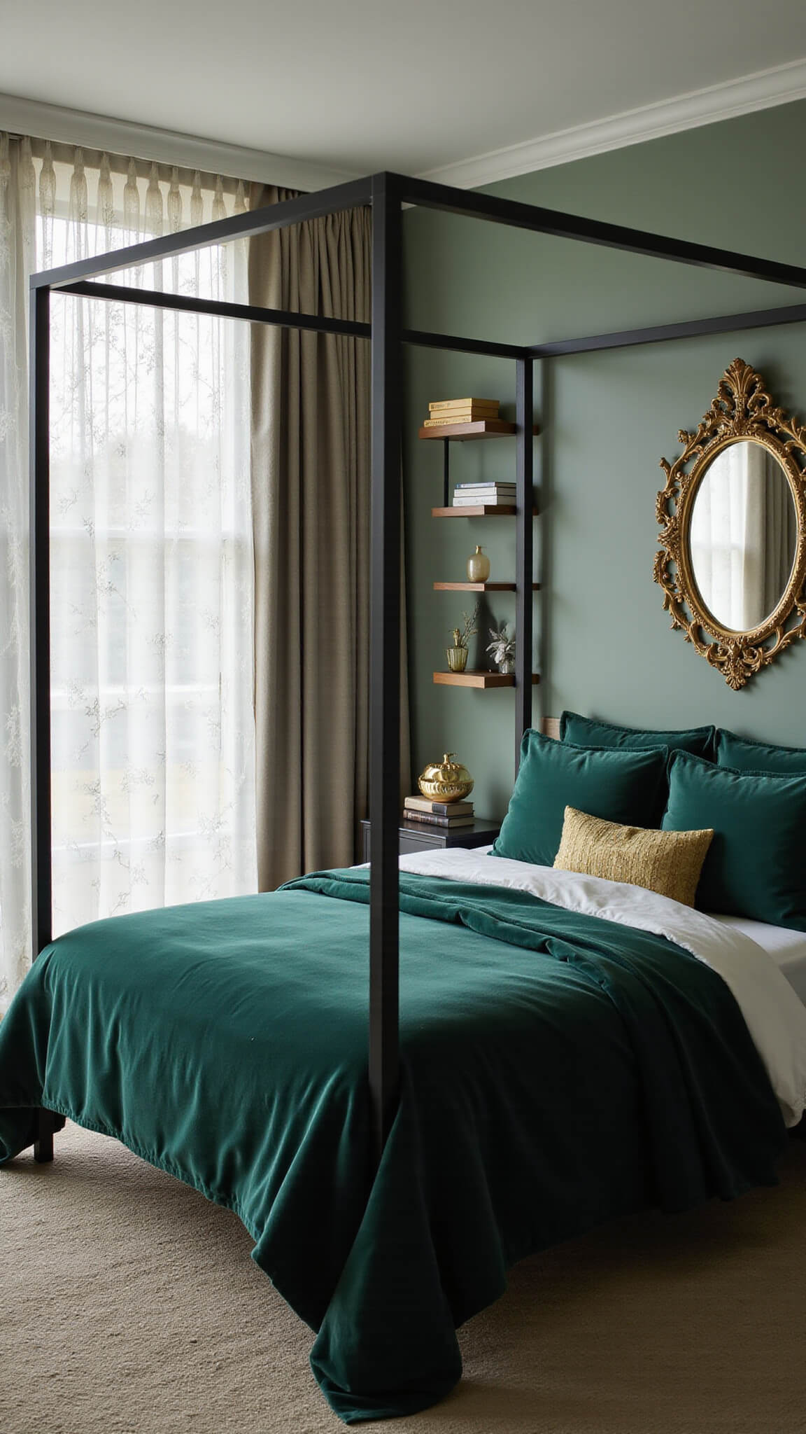 Modern princess-themed bedroom with matte black canopy bed, sage green accent wall, emerald velvet bedding, gold accents, crystal lighting, and vintage brass mirror.