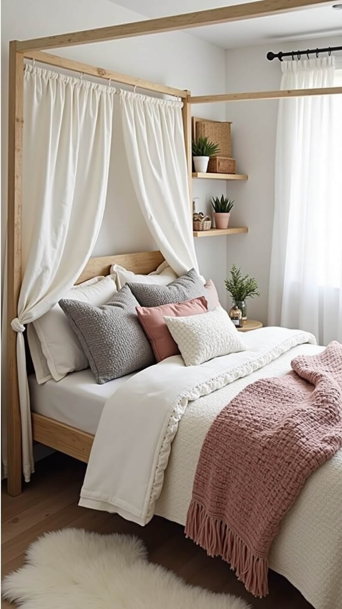 Scandinavian-style girl's bedroom with natural wood canopy bed, layered bedding in neutral tones, and textured accents, viewed from above at an angle.