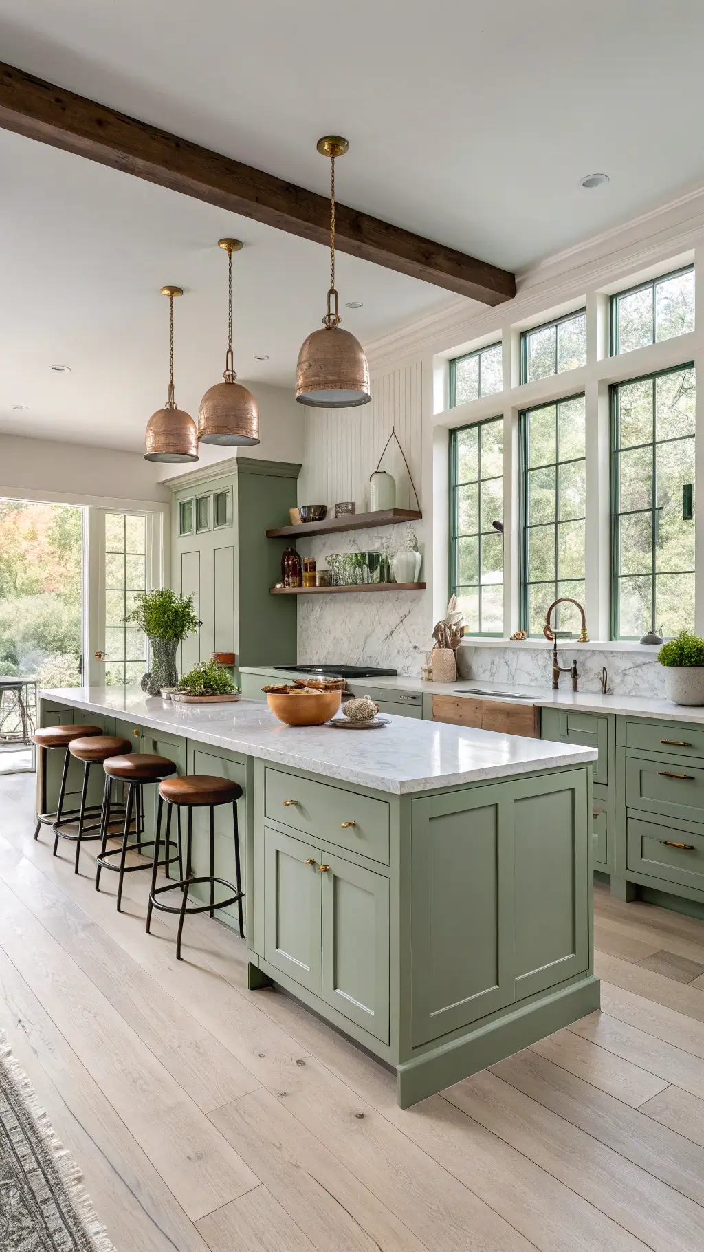 Sage green Shaker kitchen with marble counters, brass lighting, and morning light through tall windows.